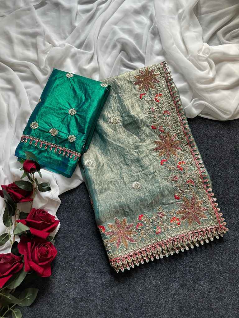 FANDY SATTIN SILK FLORAL EMBROIDERY WORK SAREE AT WHOLESALE PRICE