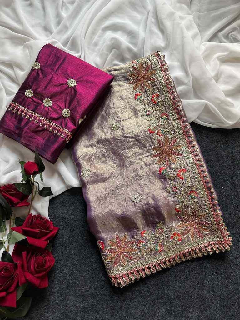 FANDY SATTIN SILK FLORAL EMBROIDERY WORK SAREE AT WHOLESALE PRICE