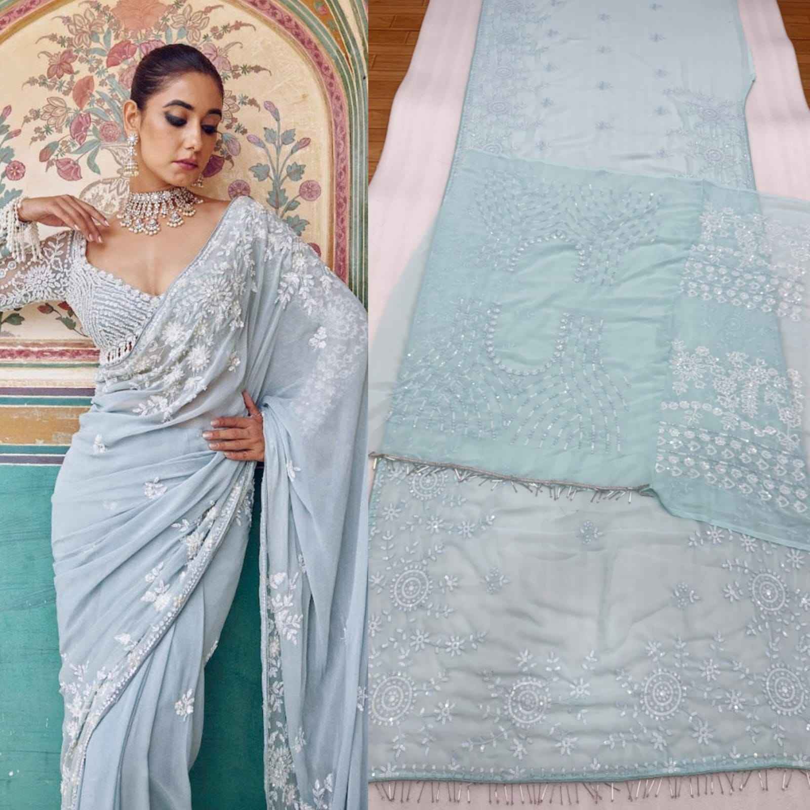 HEAVY FAUX GEORGETTE EMBROIDERY SEQUENCE WORK SAREE 1 AT WHOLESALE PRICE