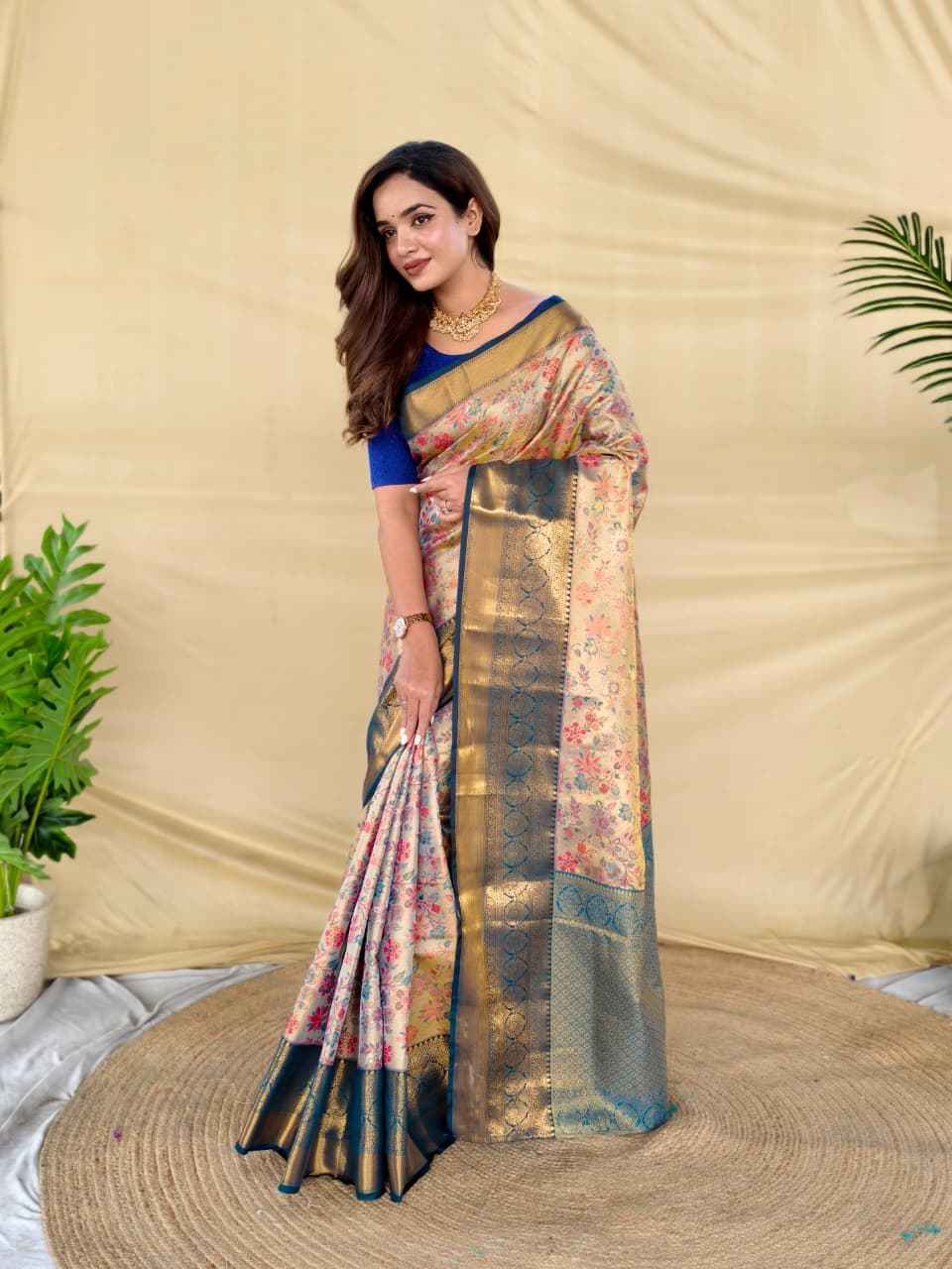 KANCHIPURAM SILK GOLDEN ZARI WEAVING DESIGNER SAREE AT WHOLESALE PRICE