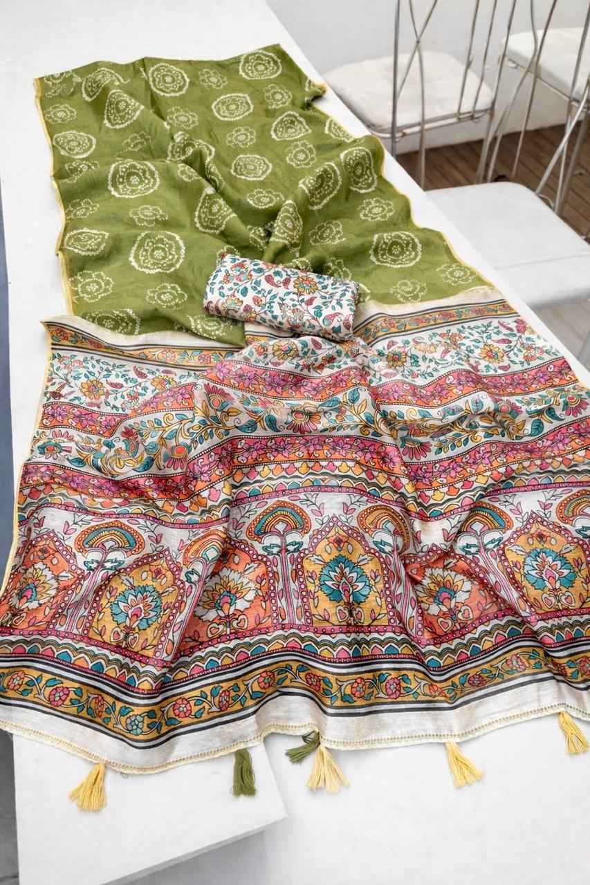 LINEN DIGITAL PRINT WITH KALAMKARI BANDHANI PRINT SAREE AT WHOLESALE PRICE