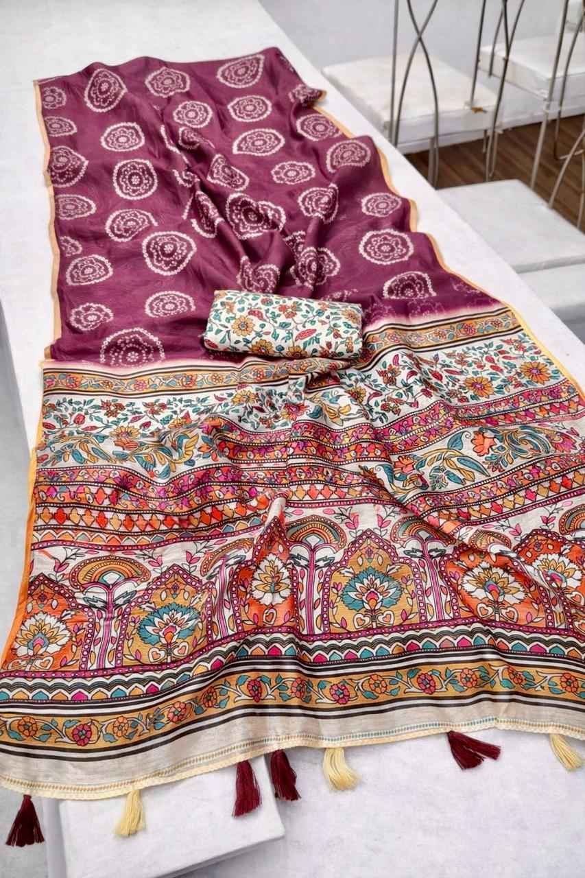 LINEN DIGITAL PRINT WITH KALAMKARI BANDHANI PRINT SAREE AT WHOLESALE PRICE