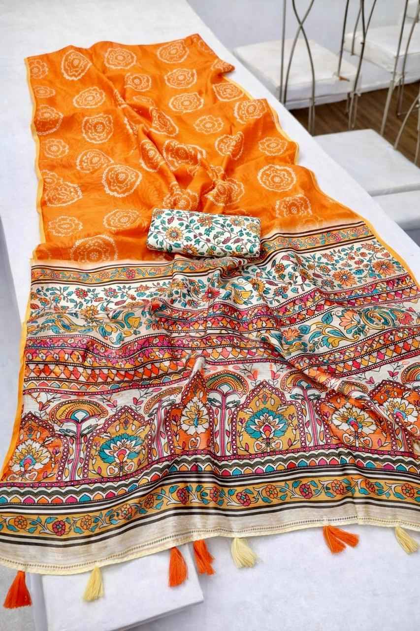 LINEN DIGITAL PRINT WITH KALAMKARI BANDHANI PRINT SAREE AT WHOLESALE PRICE