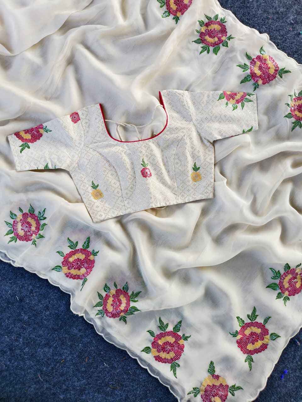 PURE ORGANZA FLORAL EMBROIDERY WORK SAREE AT WHOLESALE PRICE