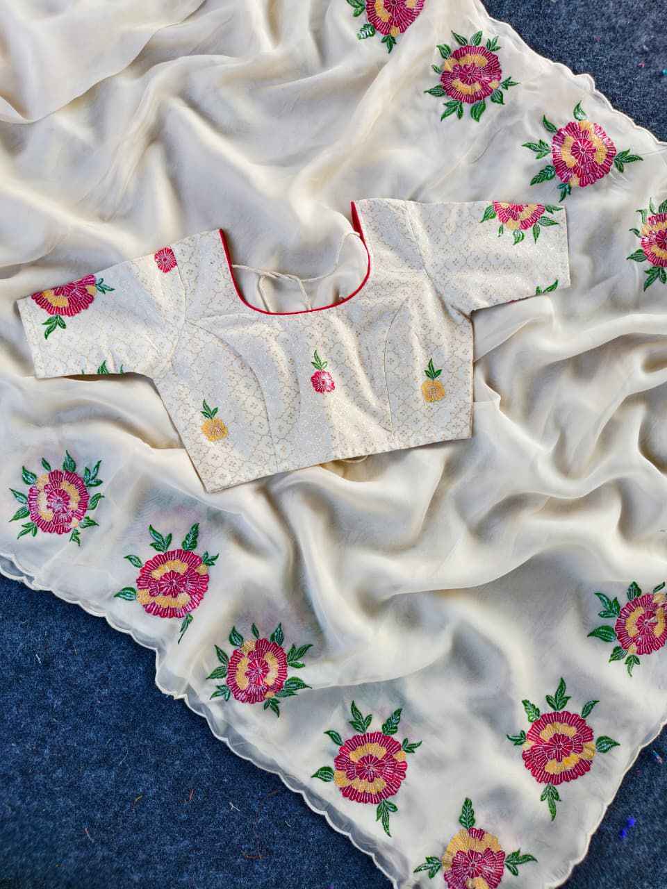 PURE ORGANZA FLORAL EMBROIDERY WORK SAREE AT WHOLESALE PRICE