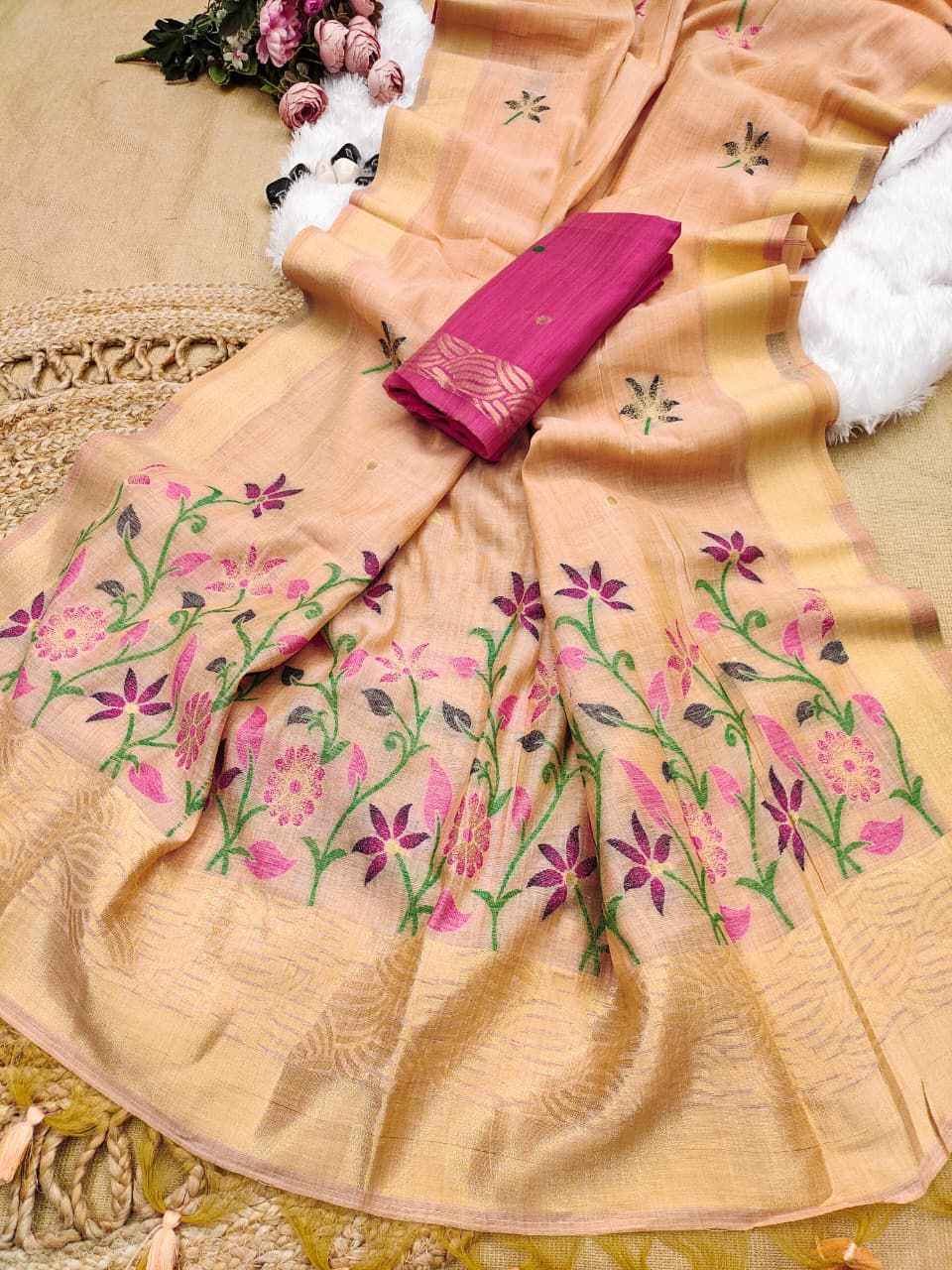 PREMIUM SOFT CHANDERI COTTON FLORAL ZARI WEAVING SAREE AT WHOLESALE PRICE 