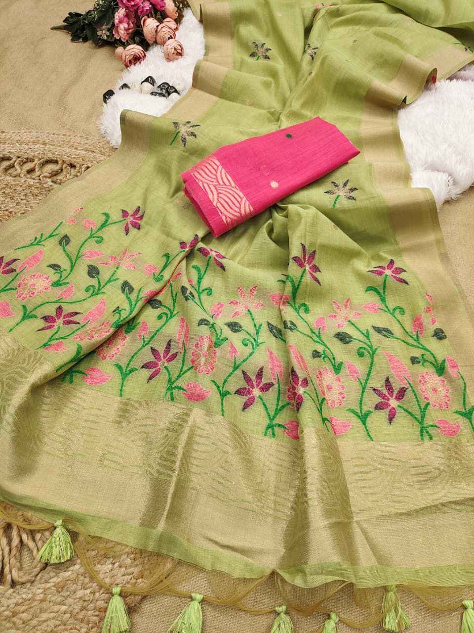 PREMIUM SOFT CHANDERI COTTON FLORAL ZARI WEAVING SAREE AT WHOLESALE PRICE 