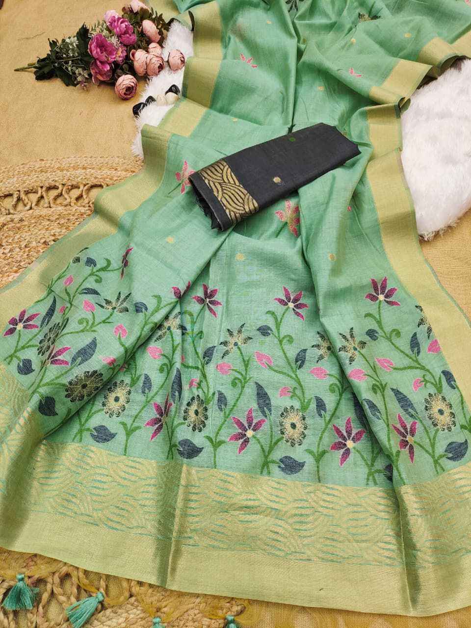 PREMIUM SOFT CHANDERI COTTON FLORAL ZARI WEAVING SAREE AT WHOLESALE PRICE 