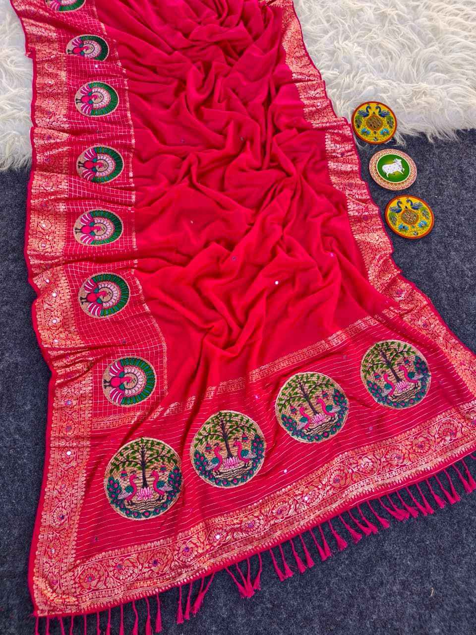 PURE DOLA CHINNON EMBROIDIED WITH AARI MIRROR WORK SAREE AT WHOLESALE PRICE