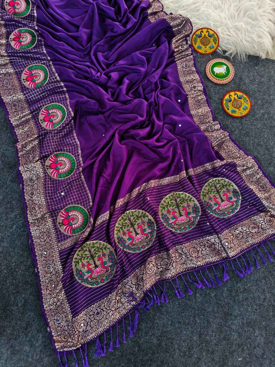 PURE DOLA CHINNON EMBROIDIED WITH AARI MIRROR WORK SAREE AT WHOLESALE PRICE