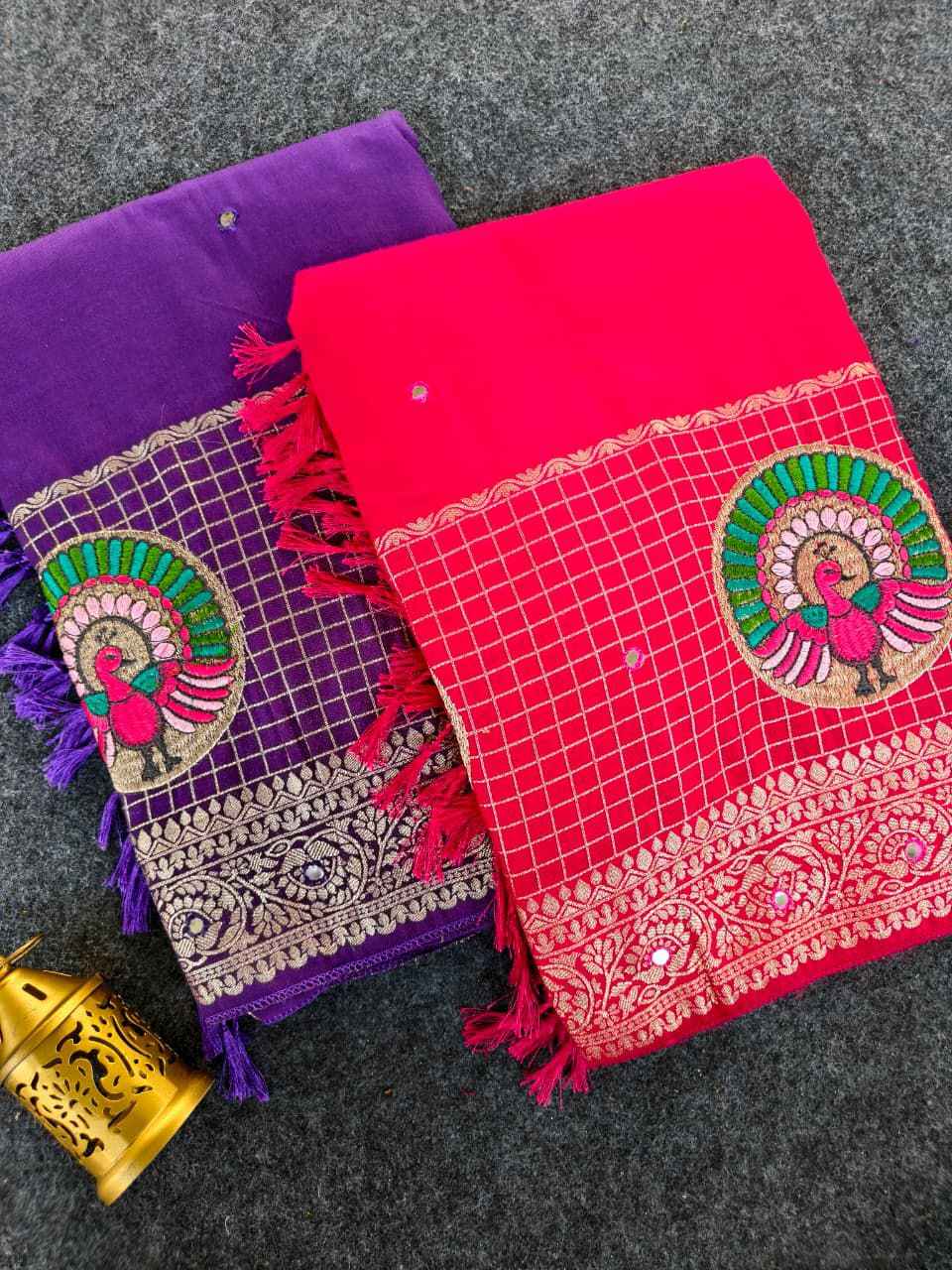 PURE DOLA CHINNON EMBROIDIED WITH AARI MIRROR WORK SAREE AT WHOLESALE PRICE