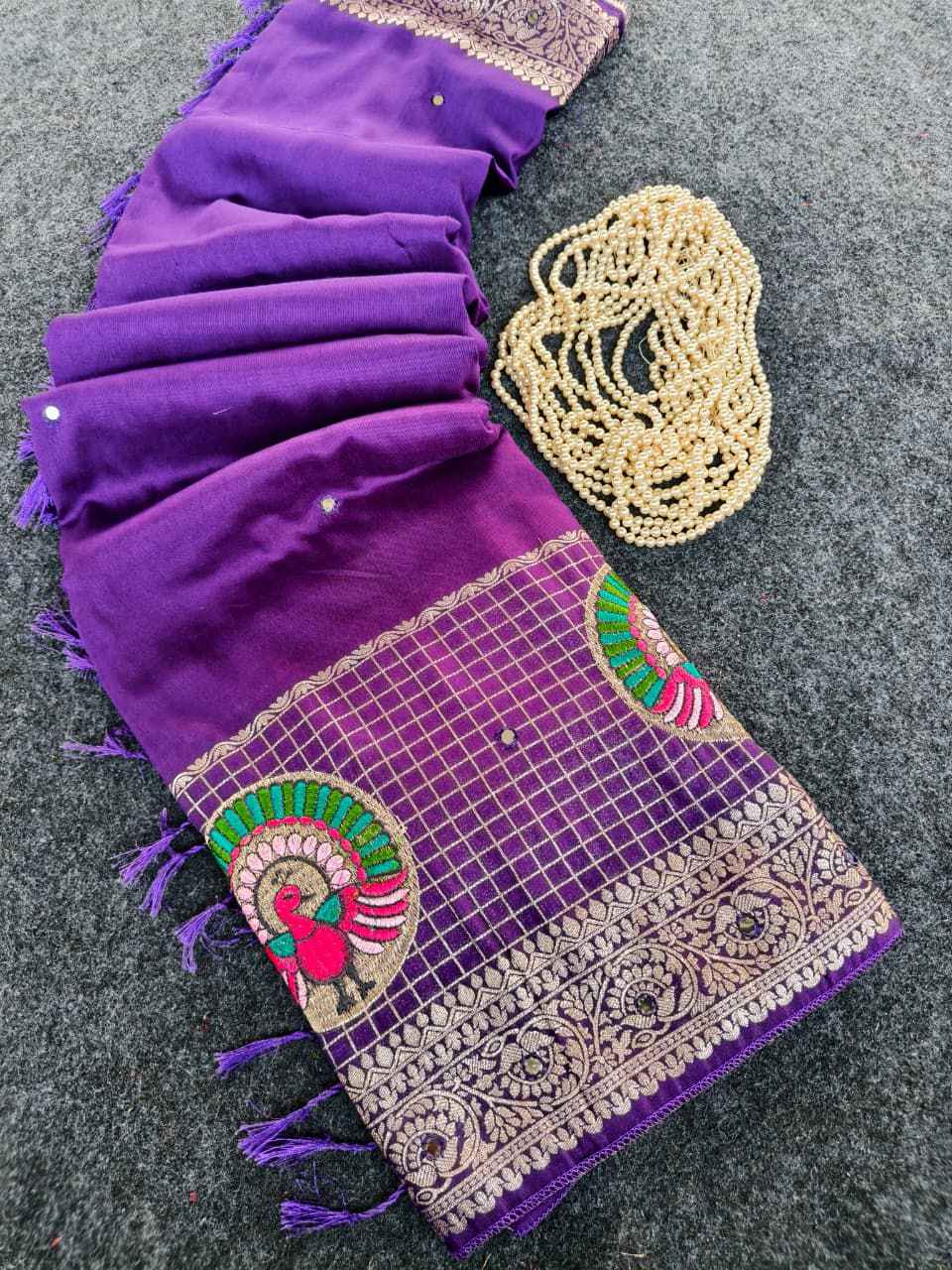 PURE DOLA CHINNON EMBROIDIED WITH AARI MIRROR WORK SAREE AT WHOLESALE PRICE