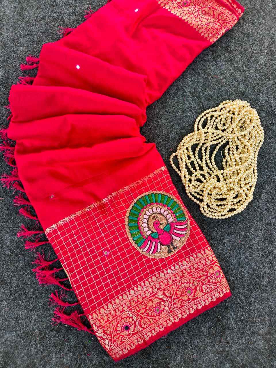 PURE DOLA CHINNON EMBROIDIED WITH AARI MIRROR WORK SAREE AT WHOLESALE PRICE