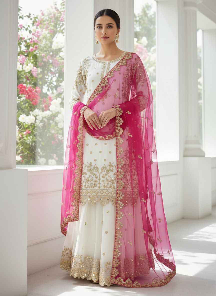 PURE FANDY SILK EMBROIDERY AND SEQUENCE WORK PAKISTANI READYMADE SUIT AT WHOLESALE PRICE