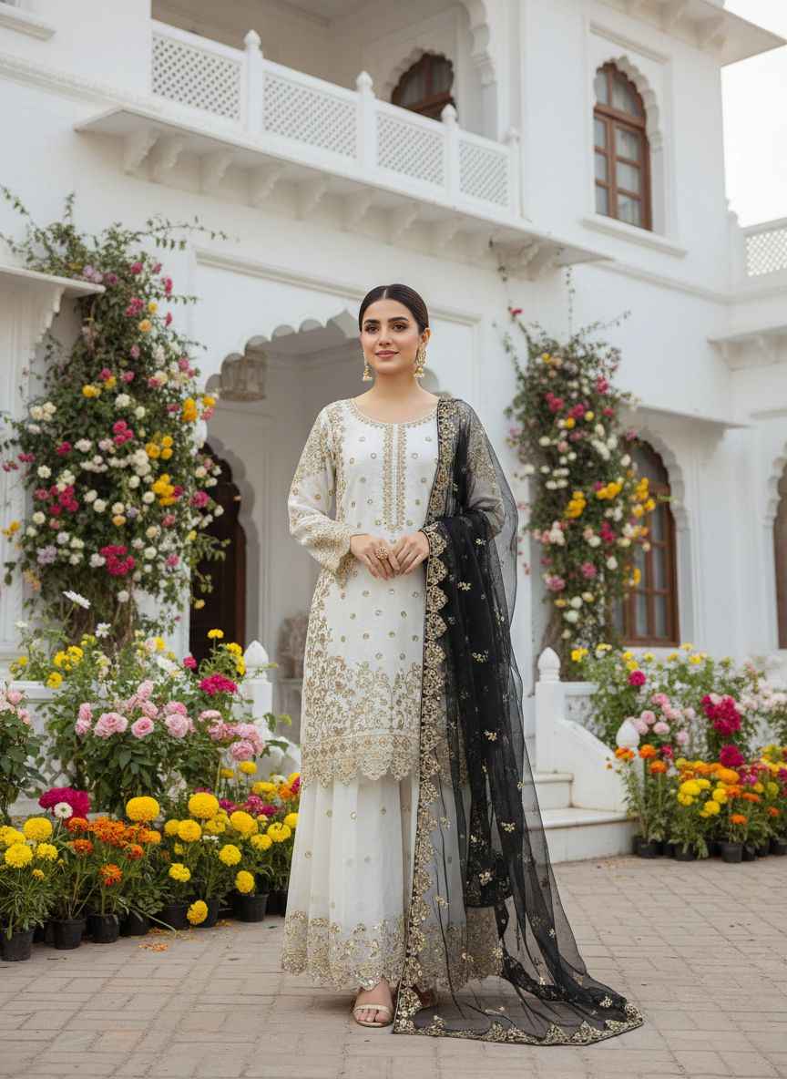 PURE FANDY SILK EMBROIDERY AND SEQUENCE WORK PAKISTANI READYMADE SUIT AT WHOLESALE PRICE