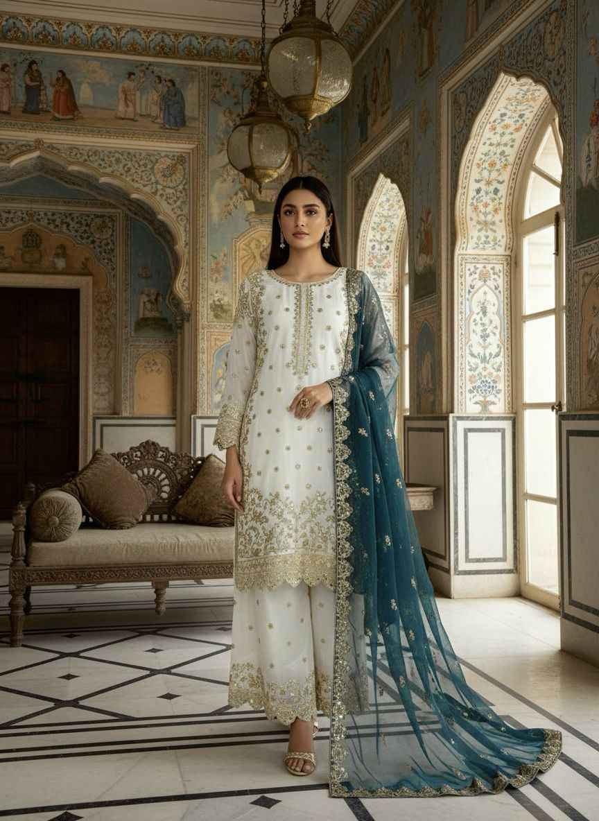 PURE FANDY SILK EMBROIDERY AND SEQUENCE WORK PAKISTANI READYMADE SUIT AT WHOLESALE PRICE