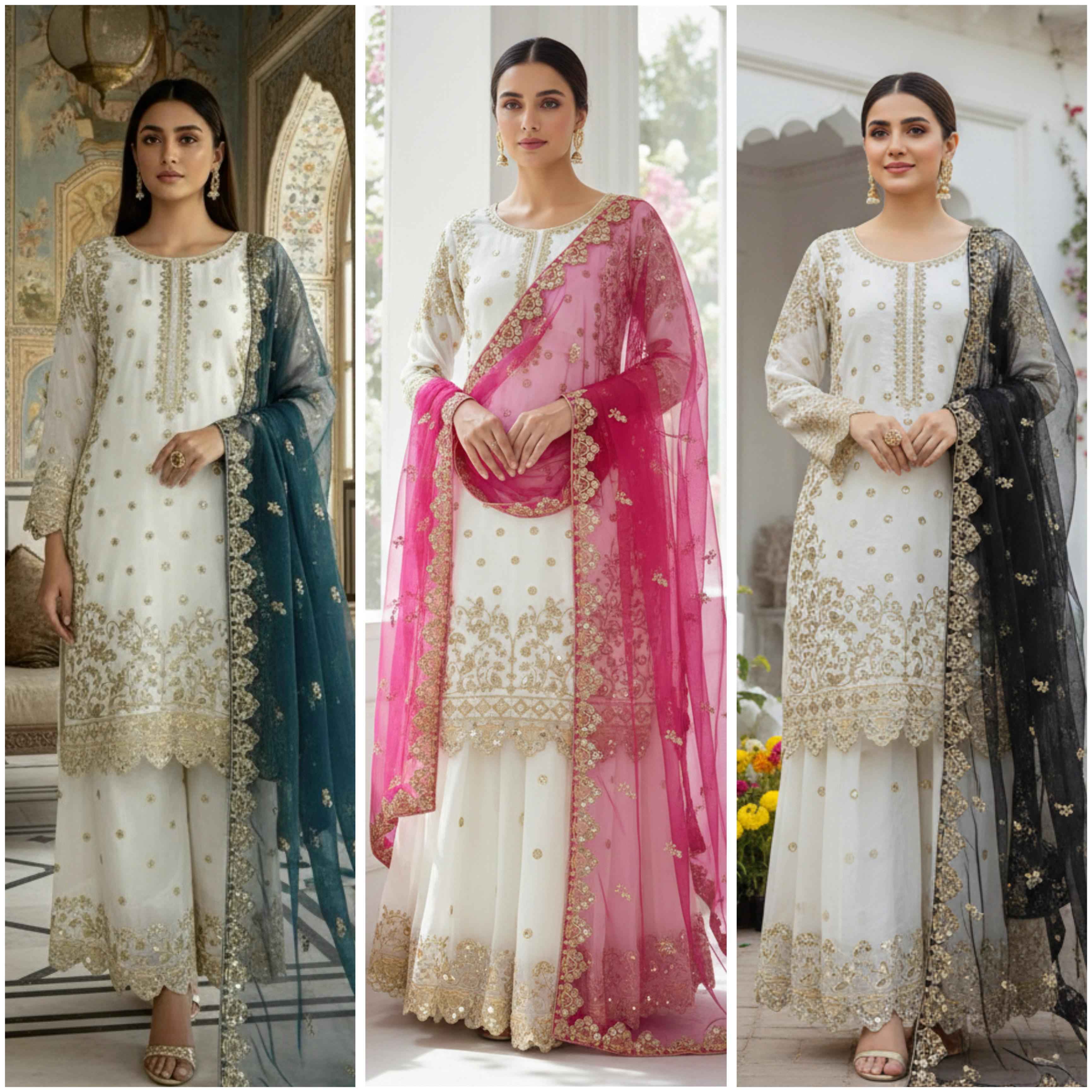 PURE FANDY SILK EMBROIDERY AND SEQUENCE WORK PAKISTANI READYMADE SUIT AT WHOLESALE PRICE