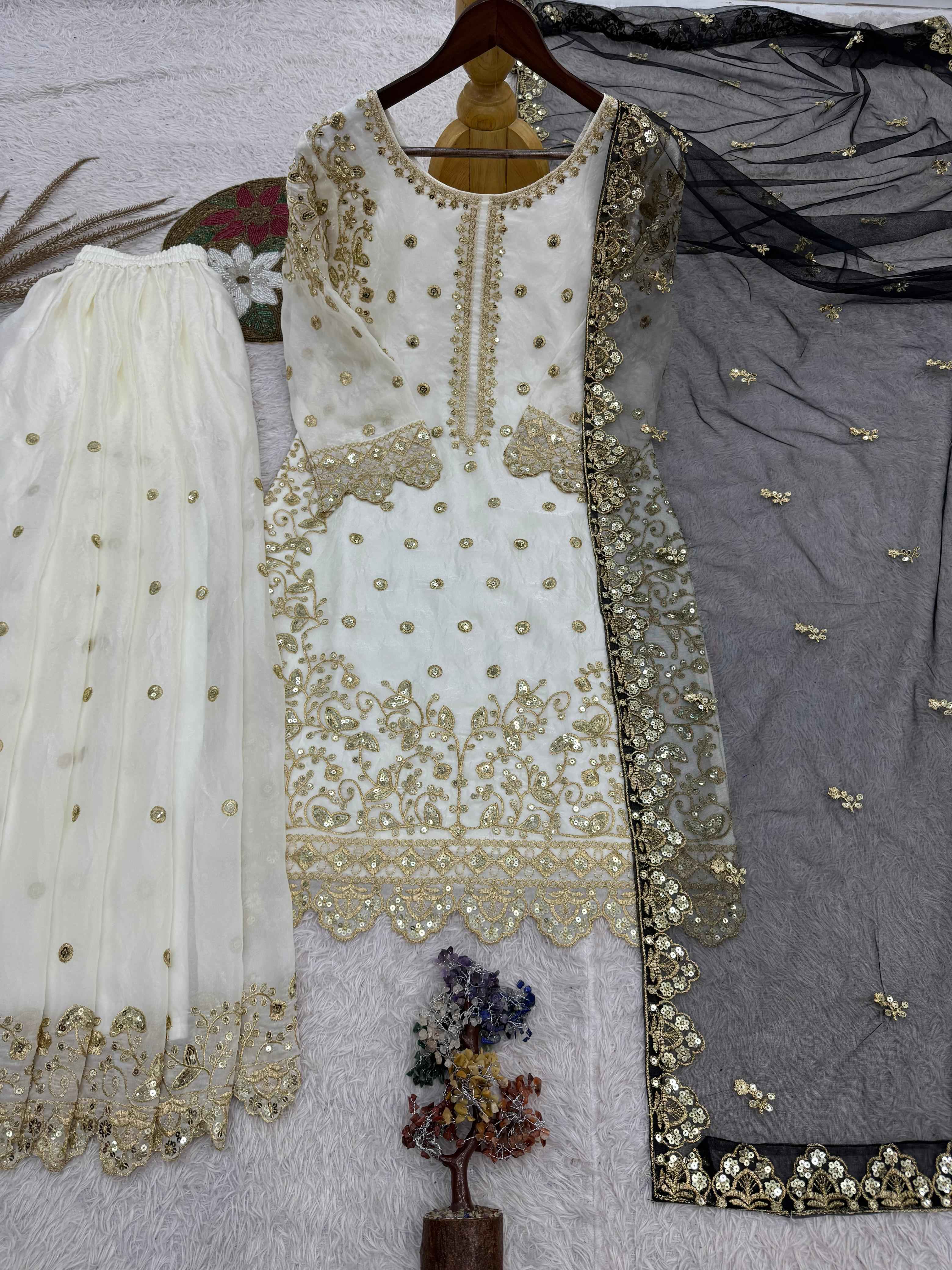 PURE FANDY SILK EMBROIDERY AND SEQUENCE WORK PAKISTANI READYMADE SUIT AT WHOLESALE PRICE