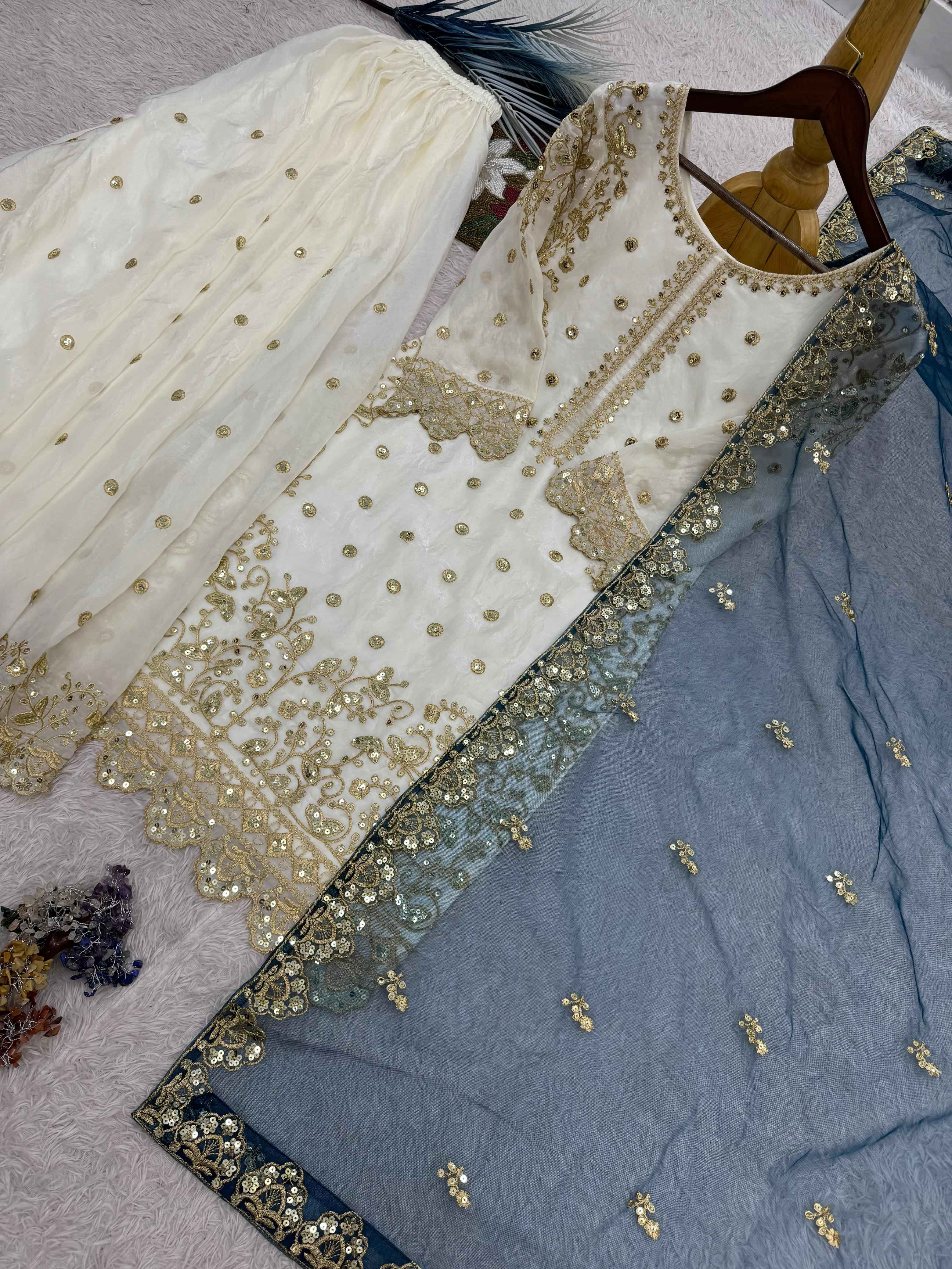 PURE FANDY SILK EMBROIDERY AND SEQUENCE WORK PAKISTANI READYMADE SUIT AT WHOLESALE PRICE