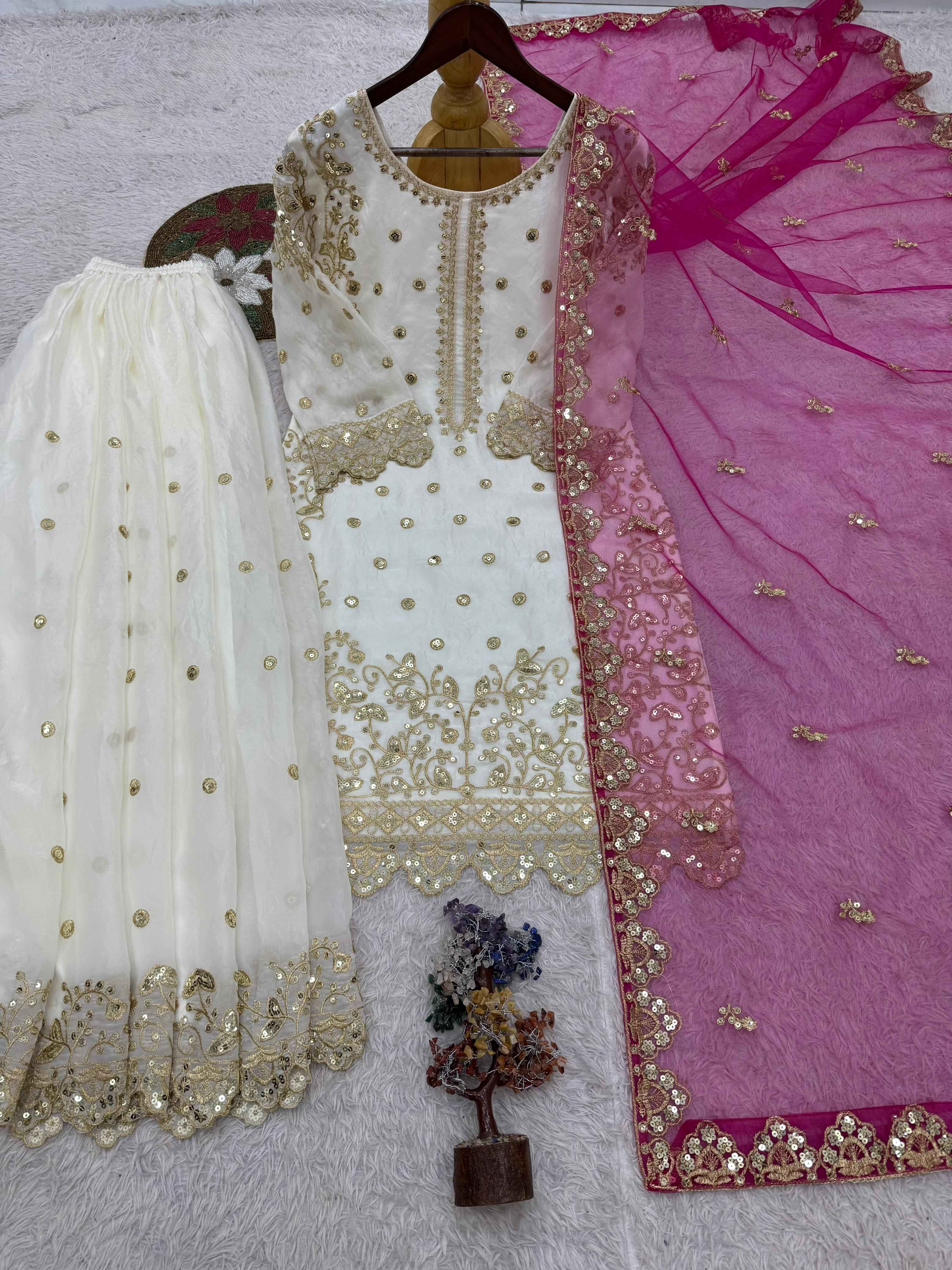 PURE FANDY SILK EMBROIDERY AND SEQUENCE WORK PAKISTANI READYMADE SUIT AT WHOLESALE PRICE