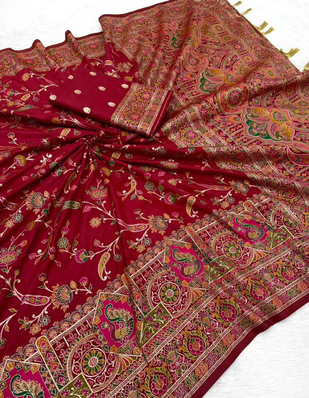 PURE SOFT RAJWADI PASHMINA SILK KASHMIRI THREAD ZARI WEAVING SAREE 3 AT WHOLESALE PRICE