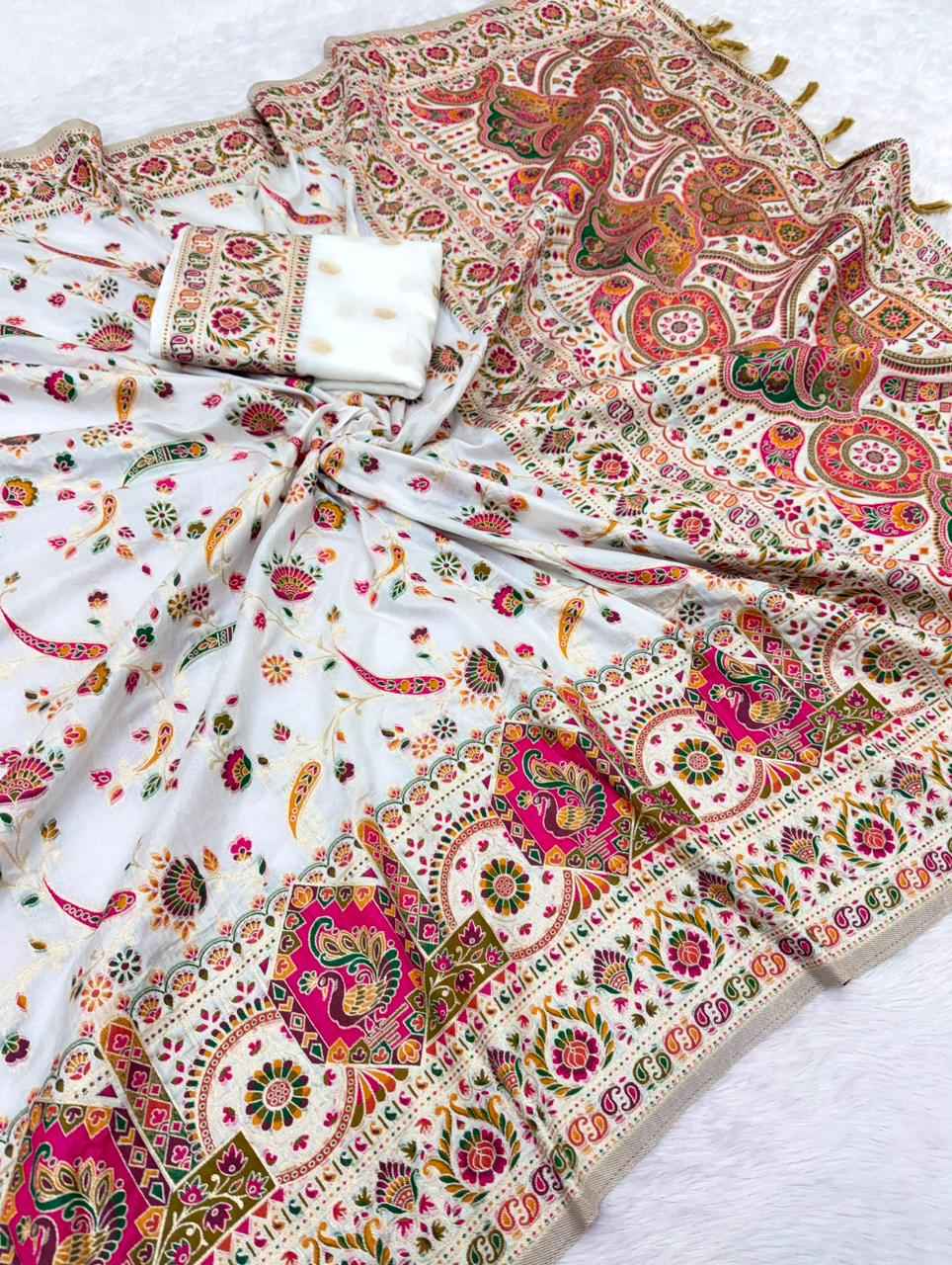 PURE SOFT RAJWADI PASHMINA SILK KASHMIRI THREAD ZARI WEAVING SAREE 3 AT WHOLESALE PRICE