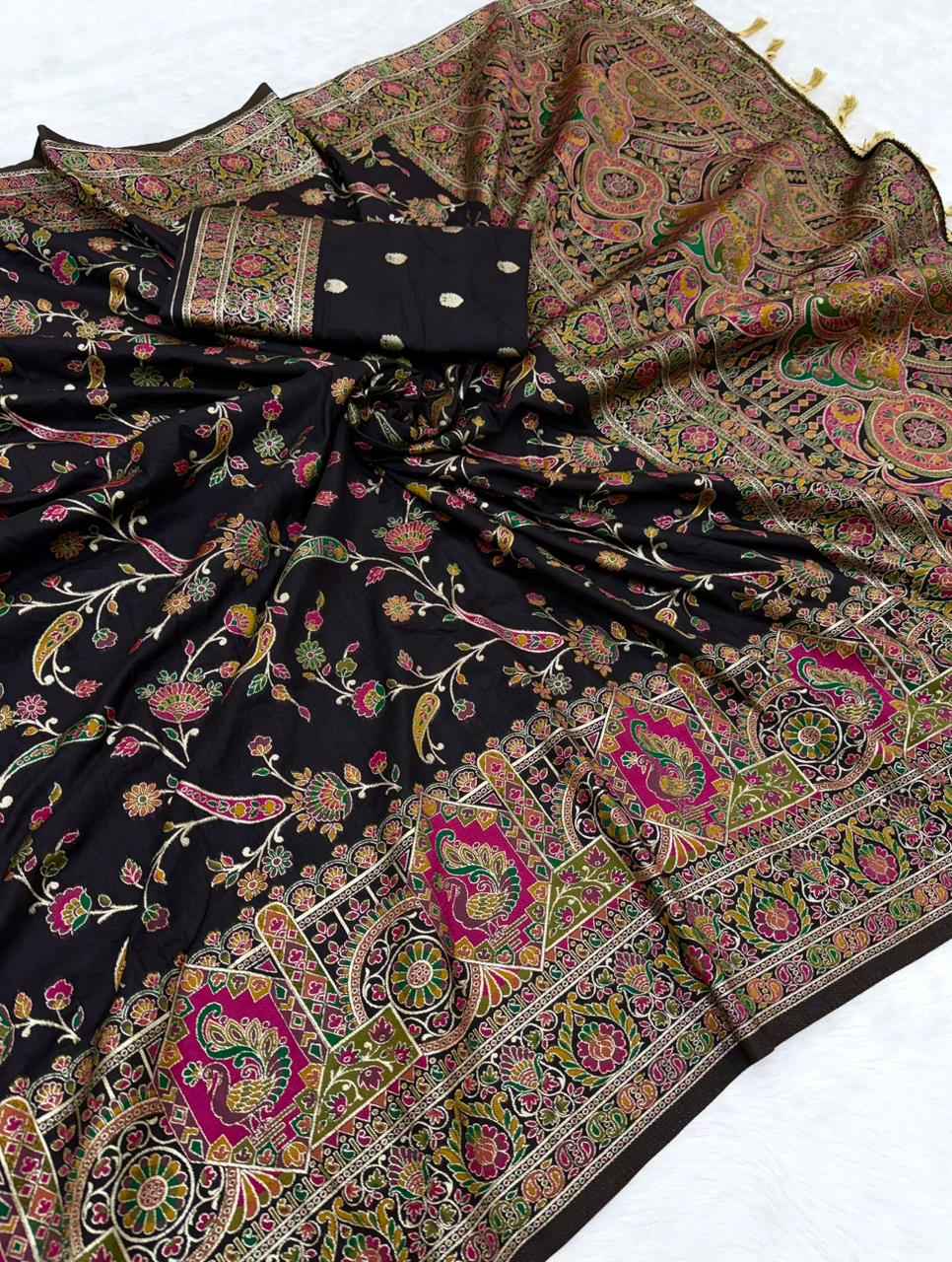 PURE SOFT RAJWADI PASHMINA SILK KASHMIRI THREAD ZARI WEAVING SAREE 3 AT WHOLESALE PRICE