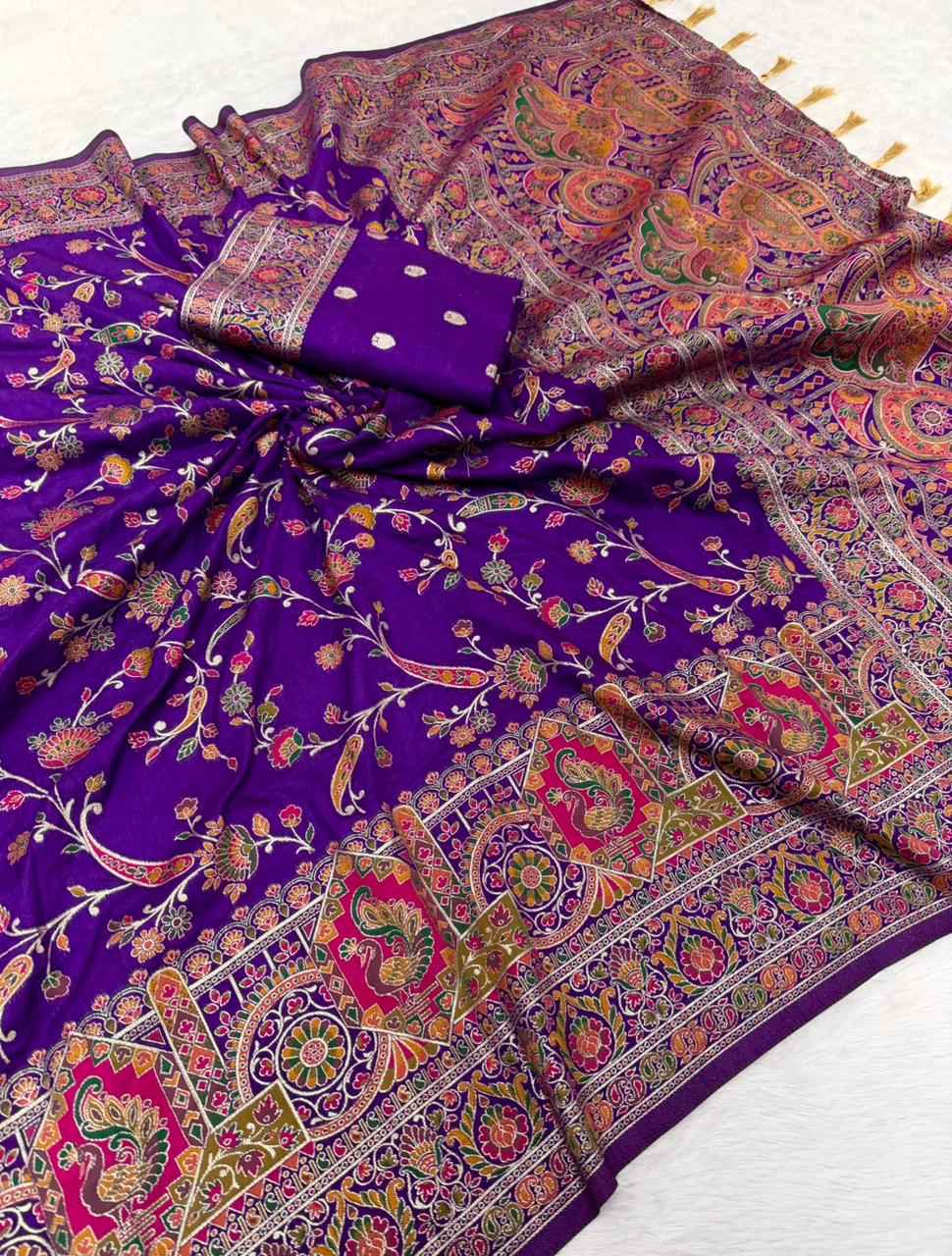 PURE SOFT RAJWADI PASHMINA SILK KASHMIRI THREAD ZARI WEAVING SAREE 3 AT WHOLESALE PRICE