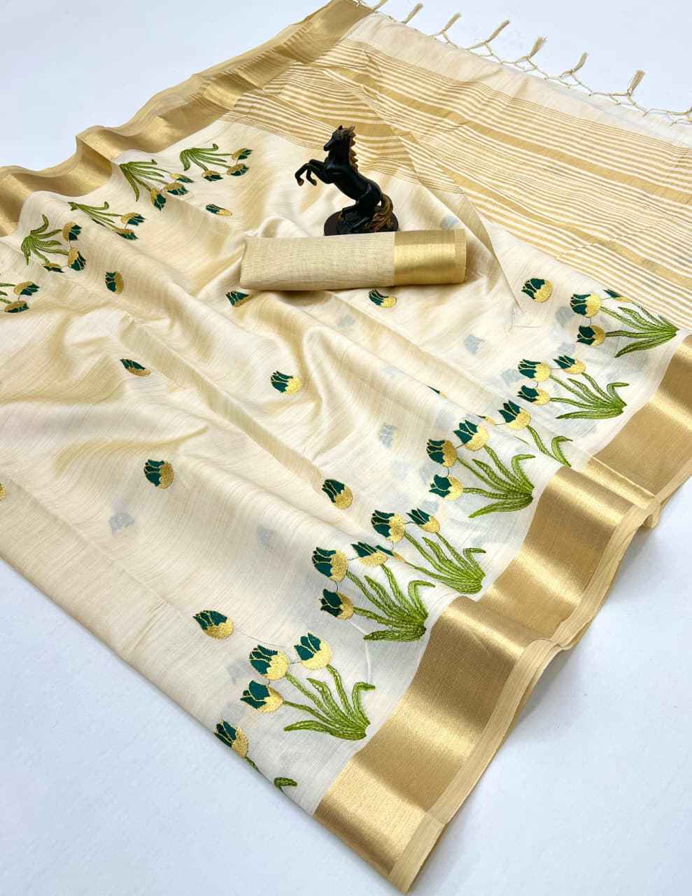 PURE TISSUE KERALA KASAVU MODERN EMBROIDERY WITH ZARI SAREE AT WHOLESALE PRICE