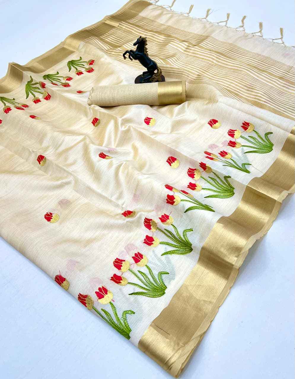PURE TISSUE KERALA KASAVU MODERN EMBROIDERY WITH ZARI SAREE AT WHOLESALE PRICE