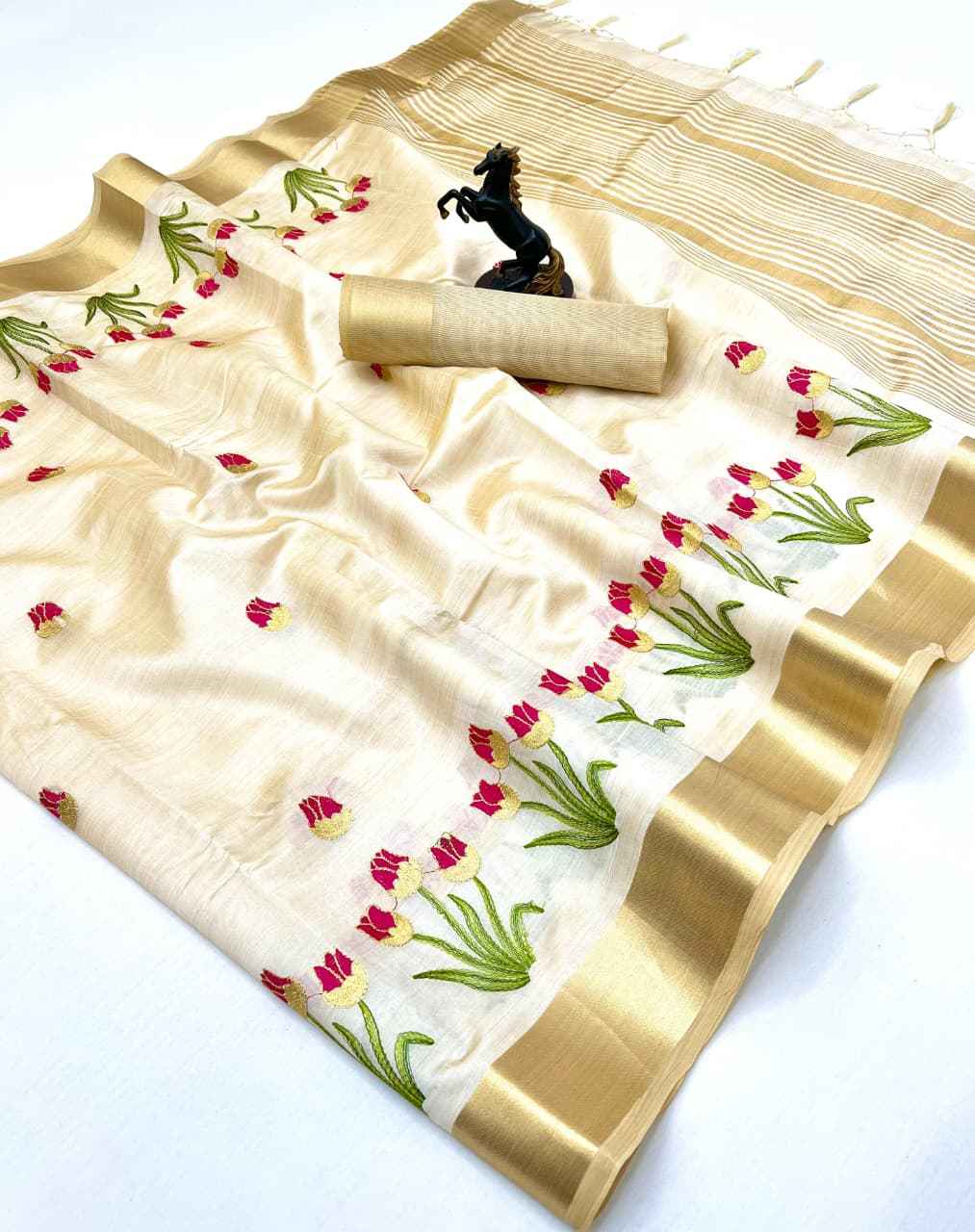 PURE TISSUE KERALA KASAVU MODERN EMBROIDERY WITH ZARI SAREE AT WHOLESALE PRICE
