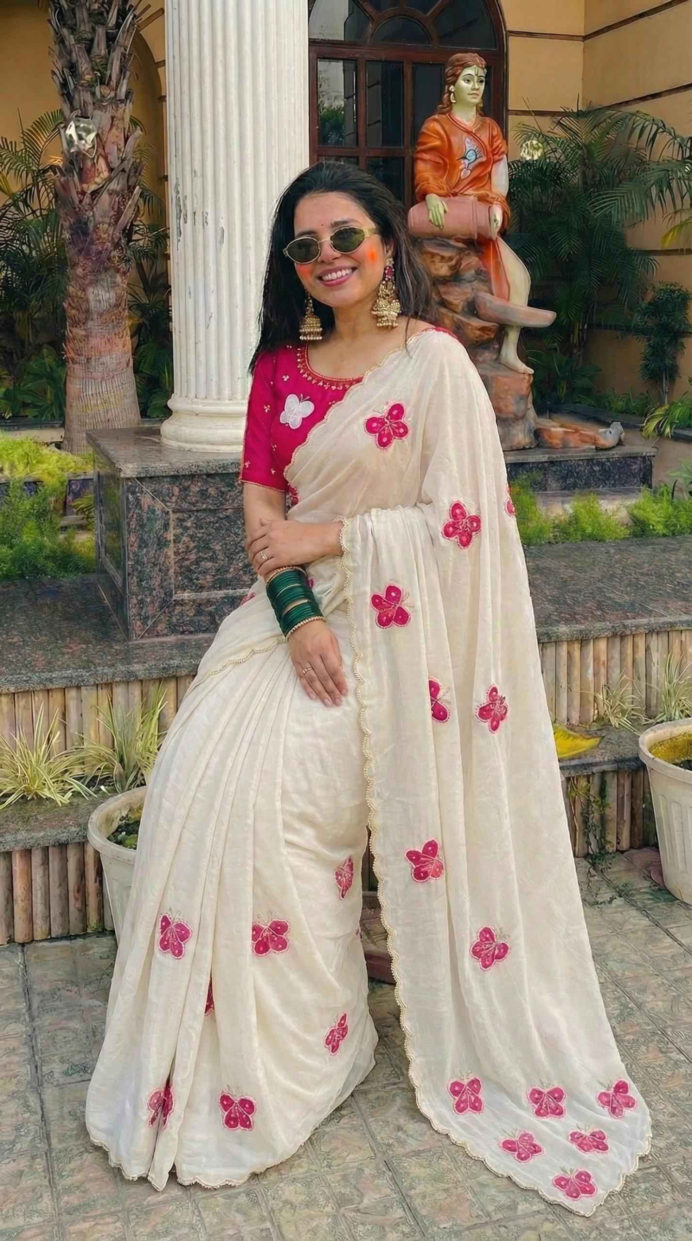 SOFT PURE SATIN CHIFFON BUTTERFLY HANDWORK SAREE AT WHOLESALE PRICE