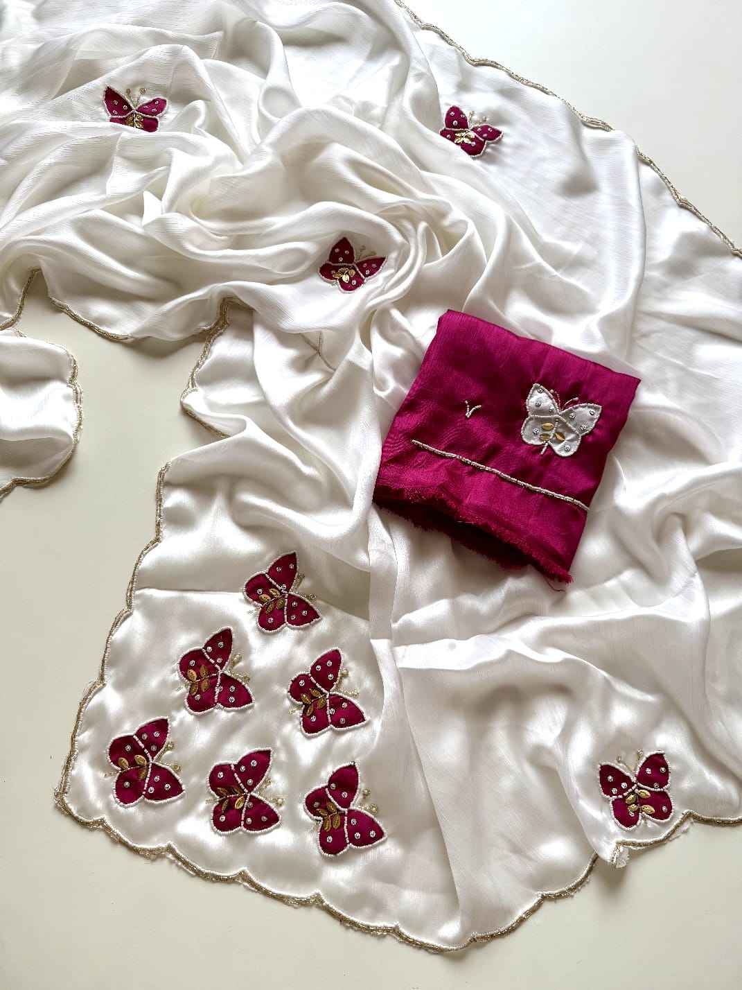 SOFT PURE SATIN CHIFFON BUTTERFLY HANDWORK SAREE AT WHOLESALE PRICE