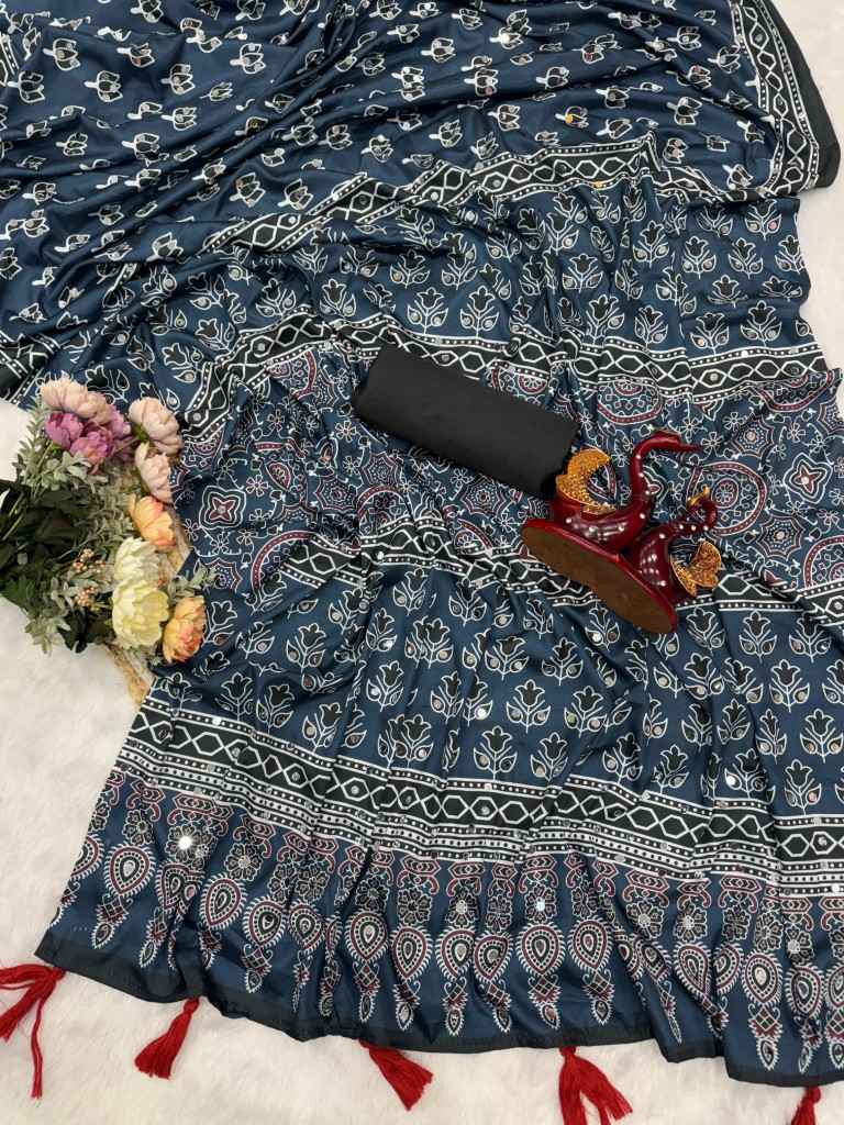 SOFT CREPE SILK AJARAKH PRINT MIRROR WORK SAREE AT WHOLESALE PRICE 
