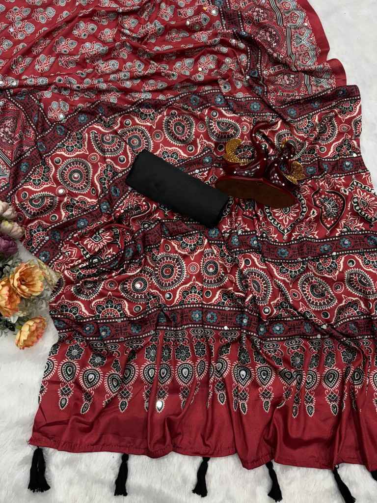 SOFT CREPE SILK AJARAKH PRINT MIRROR WORK SAREE AT WHOLESALE PRICE 