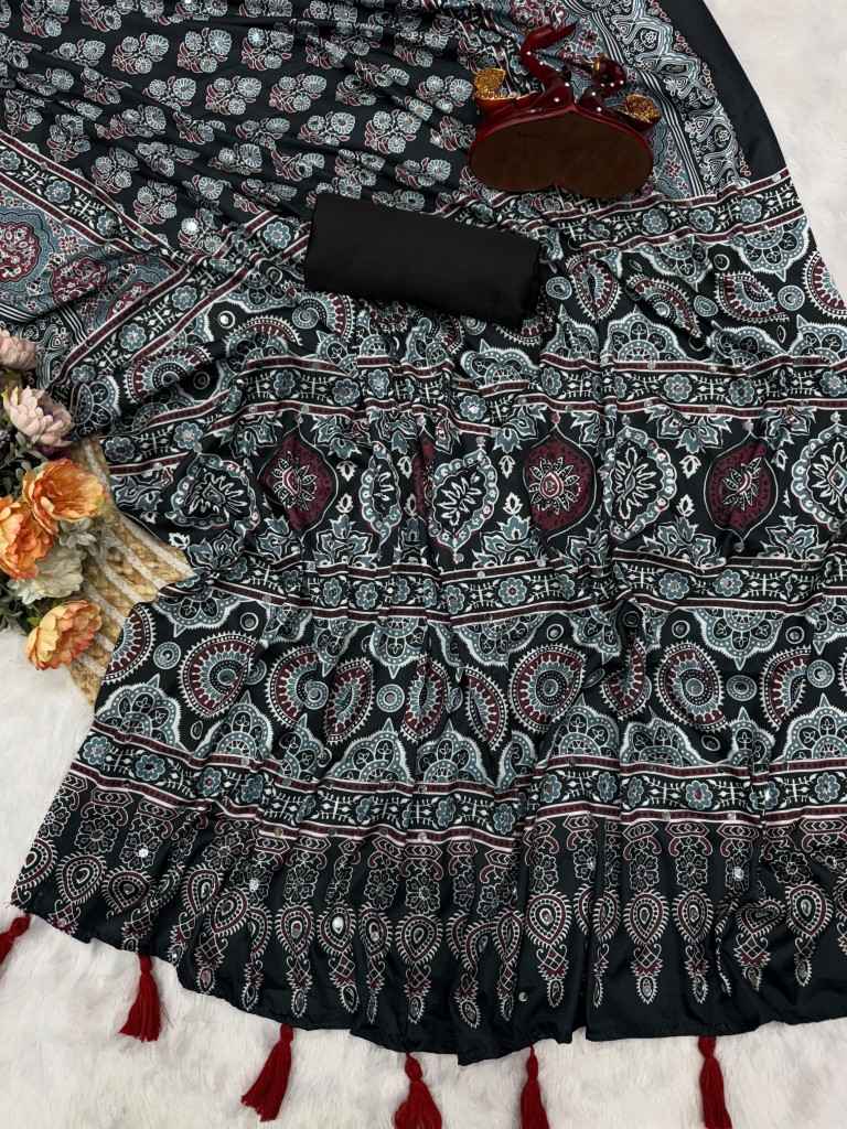 SOFT CREPE SILK AJARAKH PRINT MIRROR WORK SAREE AT WHOLESALE PRICE 