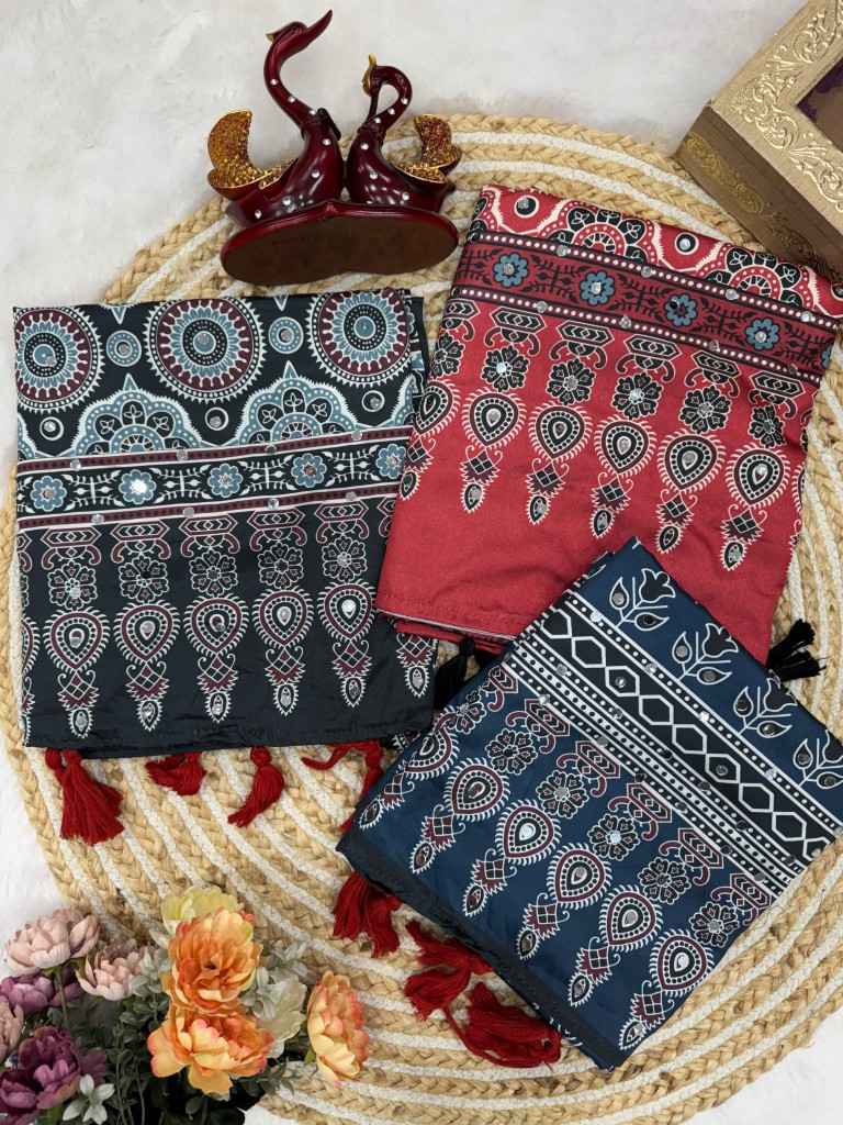 SOFT CREPE SILK AJARAKH PRINT MIRROR WORK SAREE AT WHOLESALE PRICE 