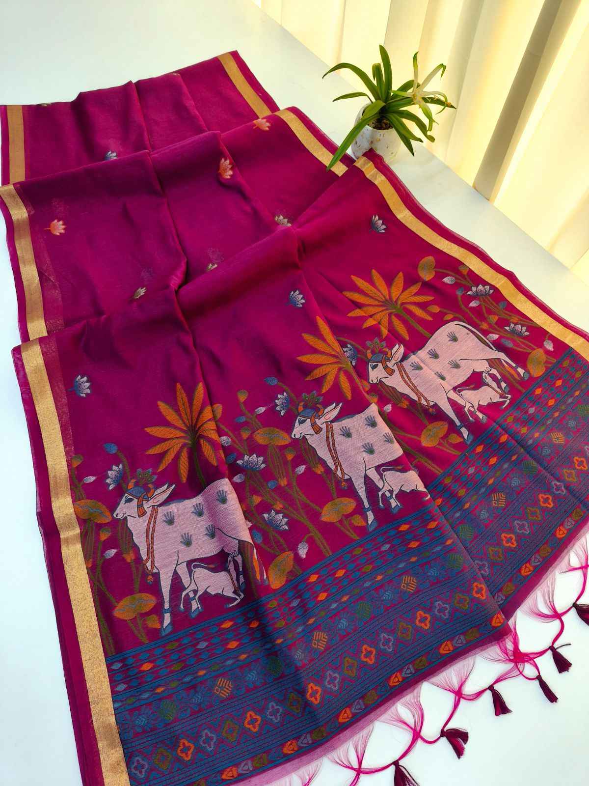 SOFT MUGA COTTON PICHWAI WEAVING COW PALLU SAREE AT WHOLESALE PRICE