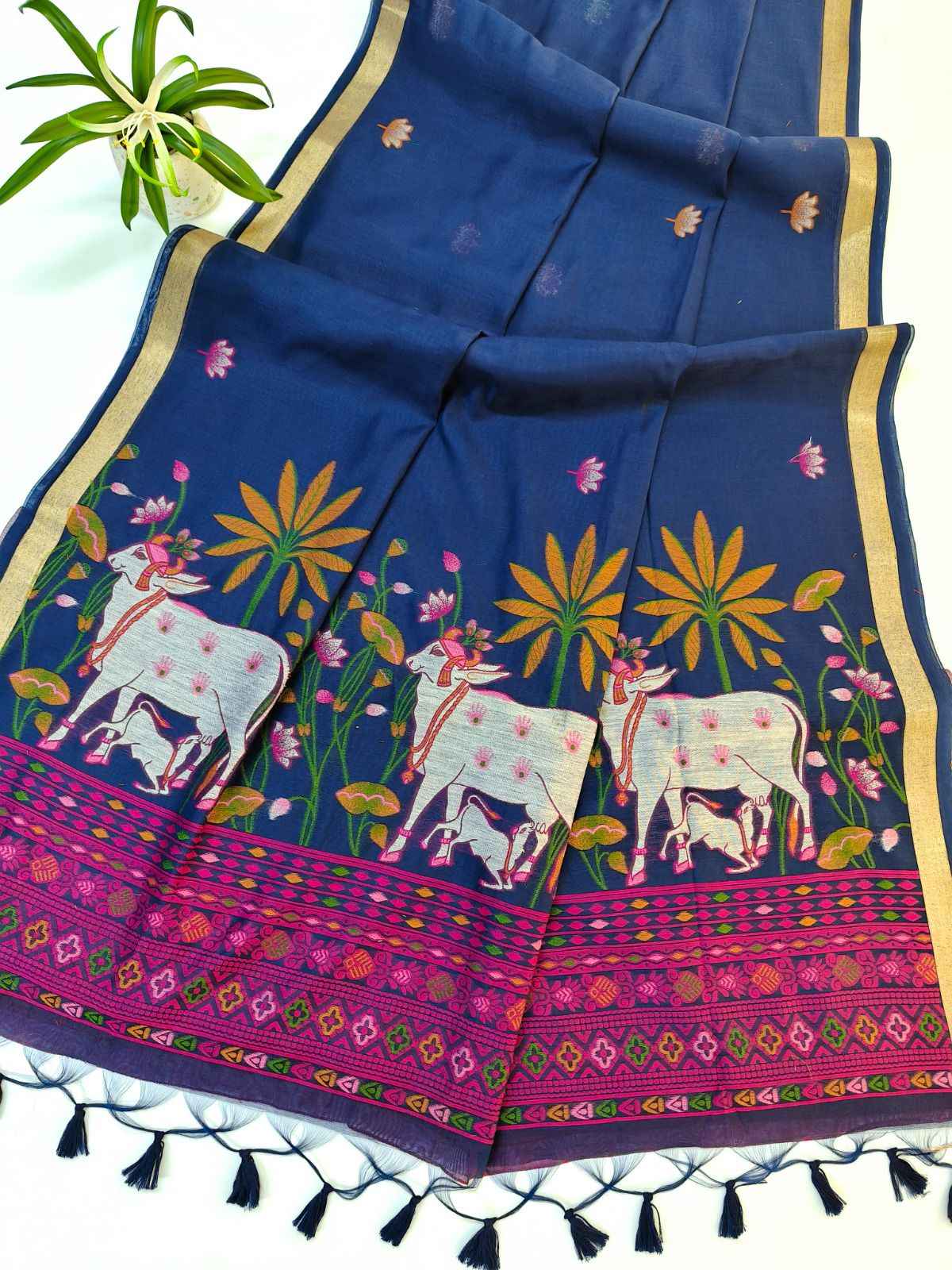 SOFT MUGA COTTON PICHWAI WEAVING COW PALLU SAREE AT WHOLESALE PRICE