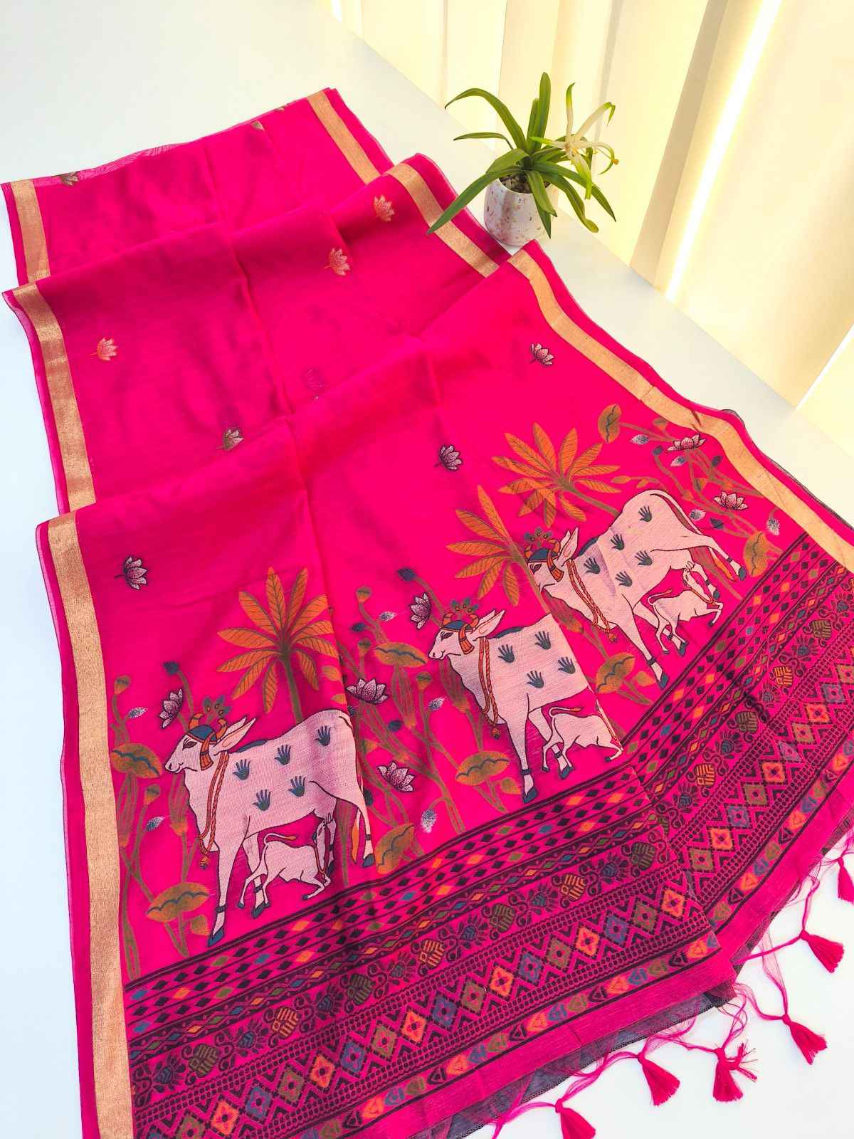 SOFT MUGA COTTON PICHWAI WEAVING COW PALLU SAREE AT WHOLESALE PRICE