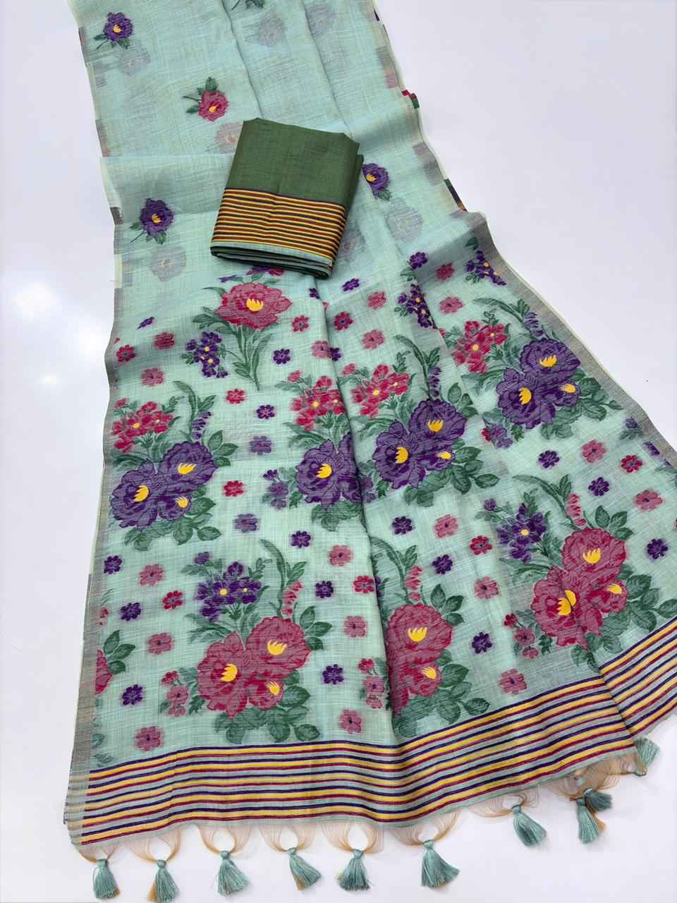 PREMIUM SOFT MUGA COTTON MEENA FLORAL WEAVING SAREE AT WHOLESALE PRICE