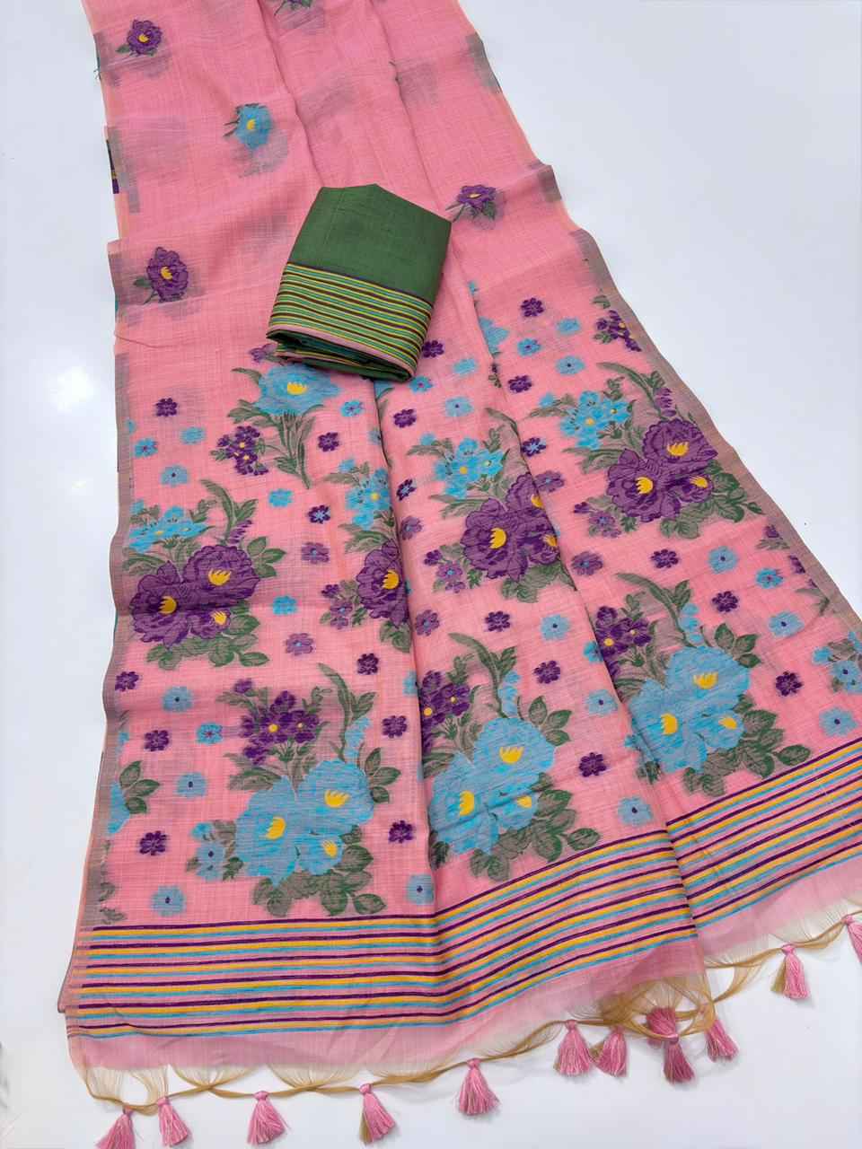 PREMIUM SOFT MUGA COTTON MEENA FLORAL WEAVING SAREE AT WHOLESALE PRICE