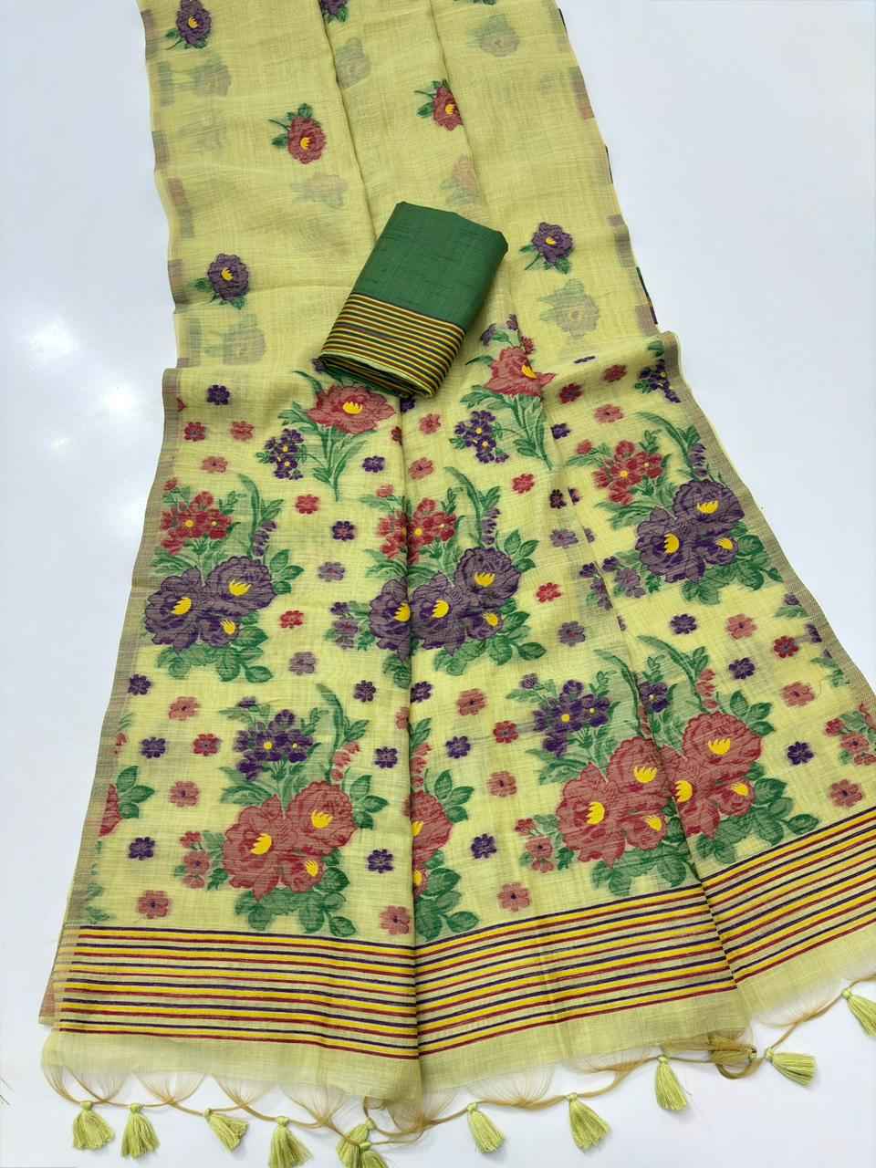 PREMIUM SOFT MUGA COTTON MEENA FLORAL WEAVING SAREE AT WHOLESALE PRICE