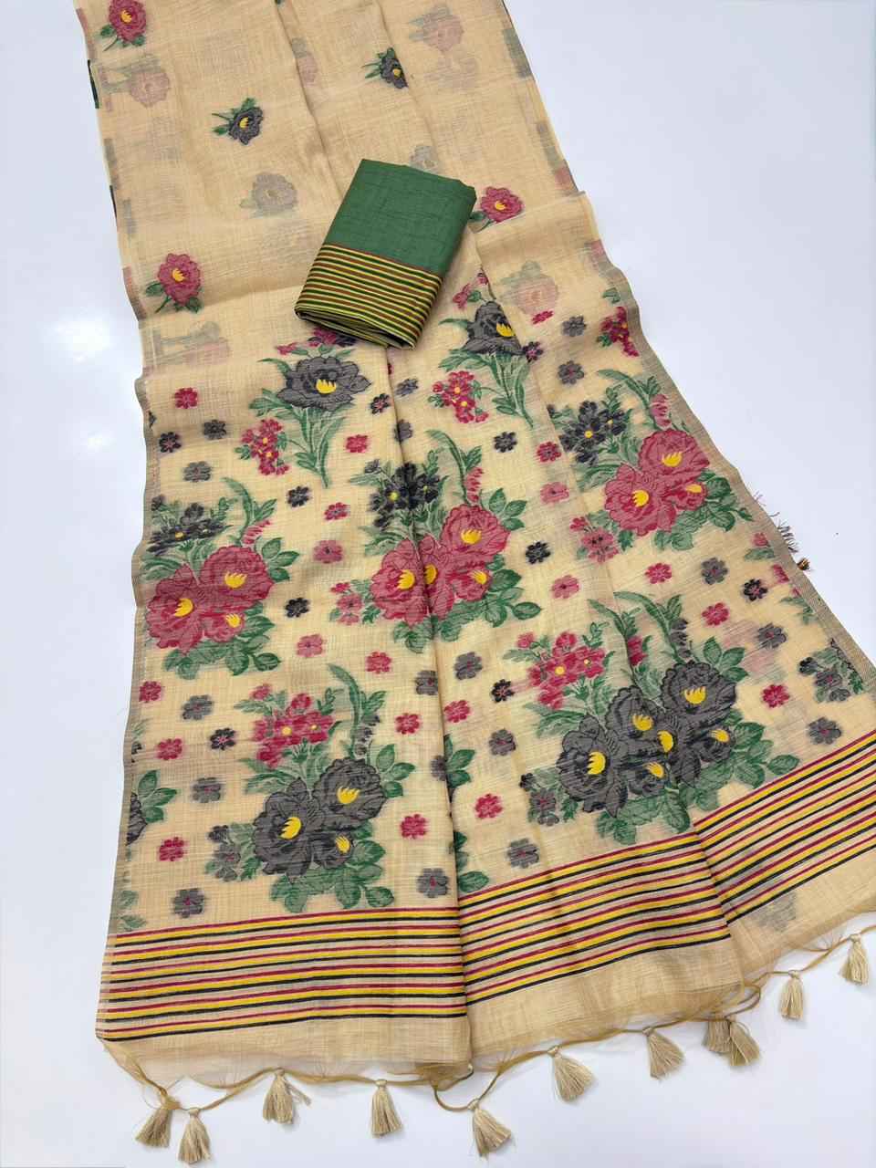 PREMIUM SOFT MUGA COTTON MEENA FLORAL WEAVING SAREE AT WHOLESALE PRICE