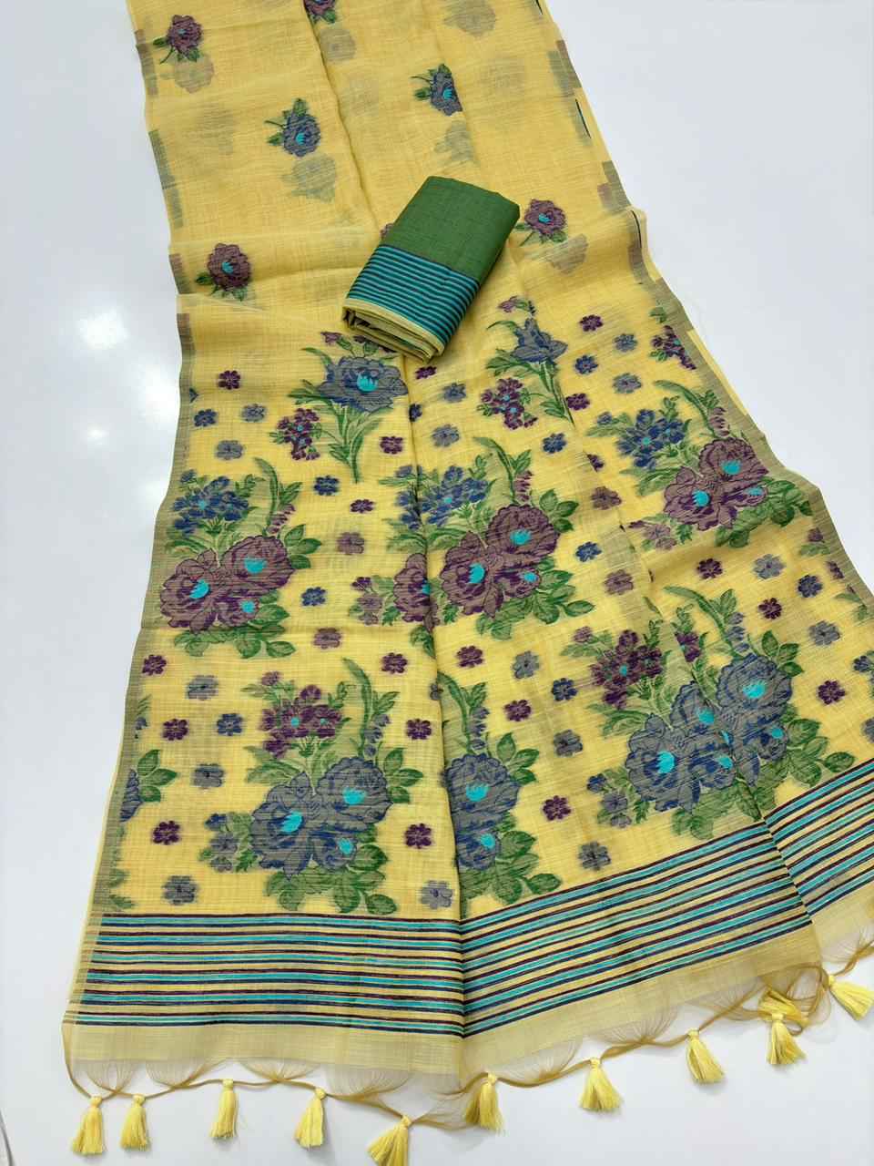 PREMIUM SOFT MUGA COTTON MEENA FLORAL WEAVING SAREE AT WHOLESALE PRICE