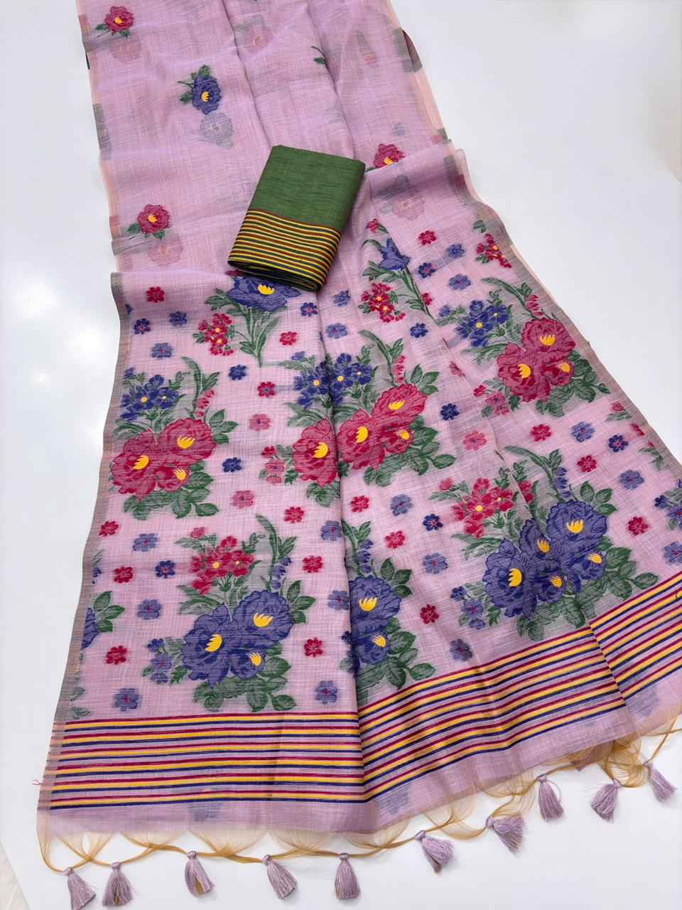 PREMIUM SOFT MUGA COTTON MEENA FLORAL WEAVING SAREE AT WHOLESALE PRICE