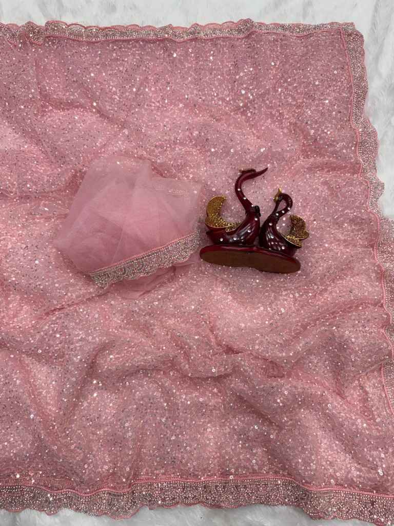 SOFT NET SEQUINS AND BEADS EMBROIDERY WORK SAREE AT WHOLESALE PRICE