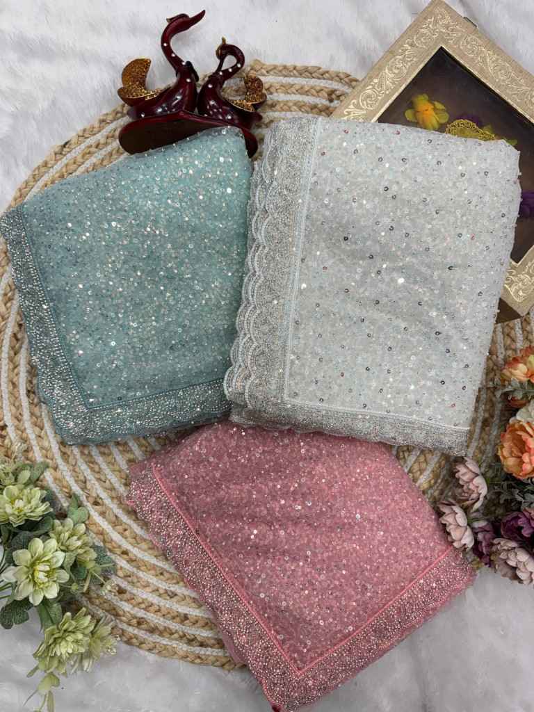 SOFT NET SEQUINS AND BEADS EMBROIDERY WORK SAREE AT WHOLESALE PRICE
