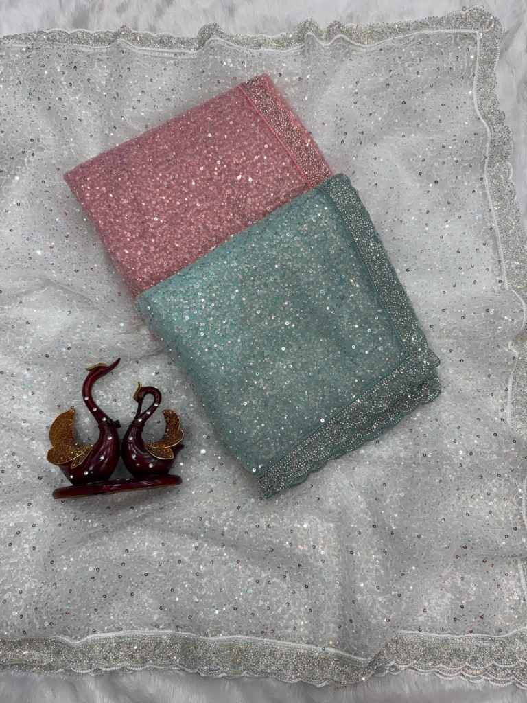 SOFT NET SEQUINS AND BEADS EMBROIDERY WORK SAREE AT WHOLESALE PRICE