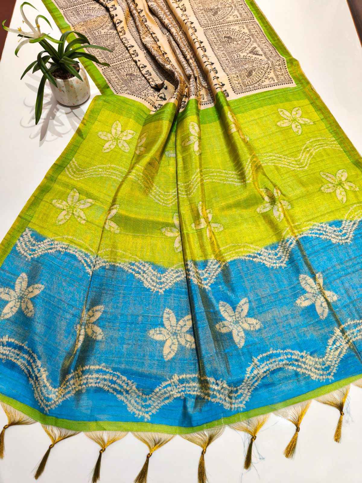 PREMIUM SOFT TISSUE TUSSAR SILK WARLI FLOWERS PRINTED SAREE AT WHOLESALE PRICE